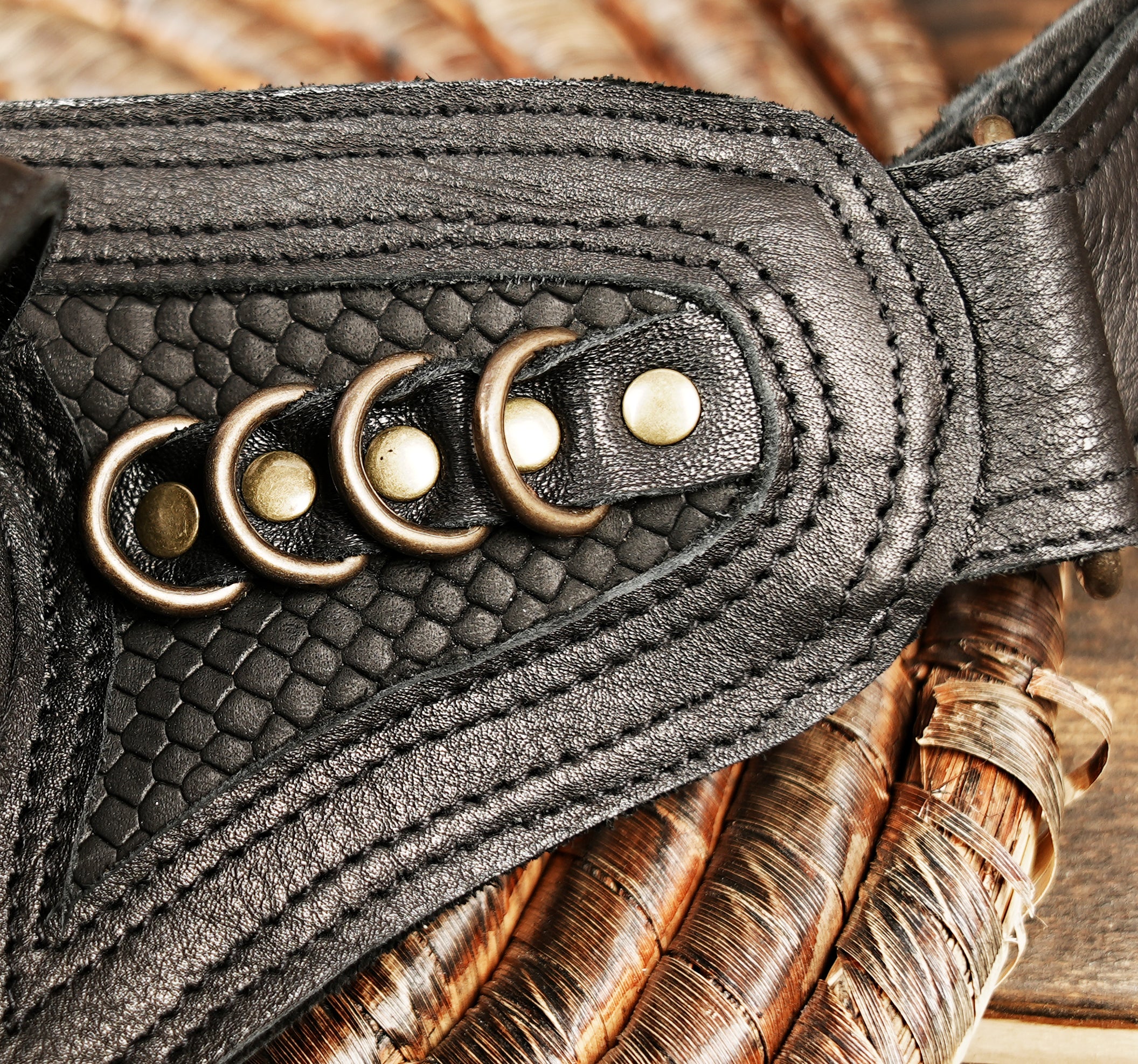 Leather Thigh Bag Pouch: Unisex Belt Bag, Jungle Tribe Style with yellow fitting 