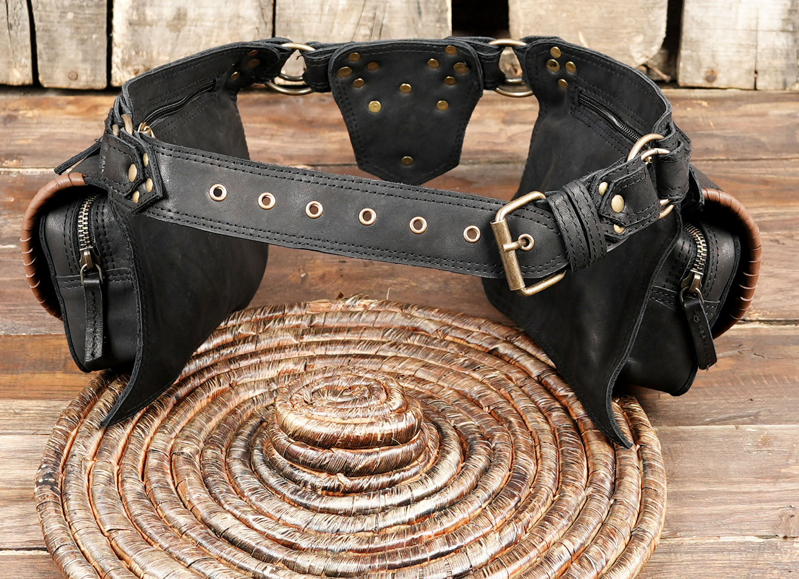 Festival-ready leather belt with gemstone and brass rivet details