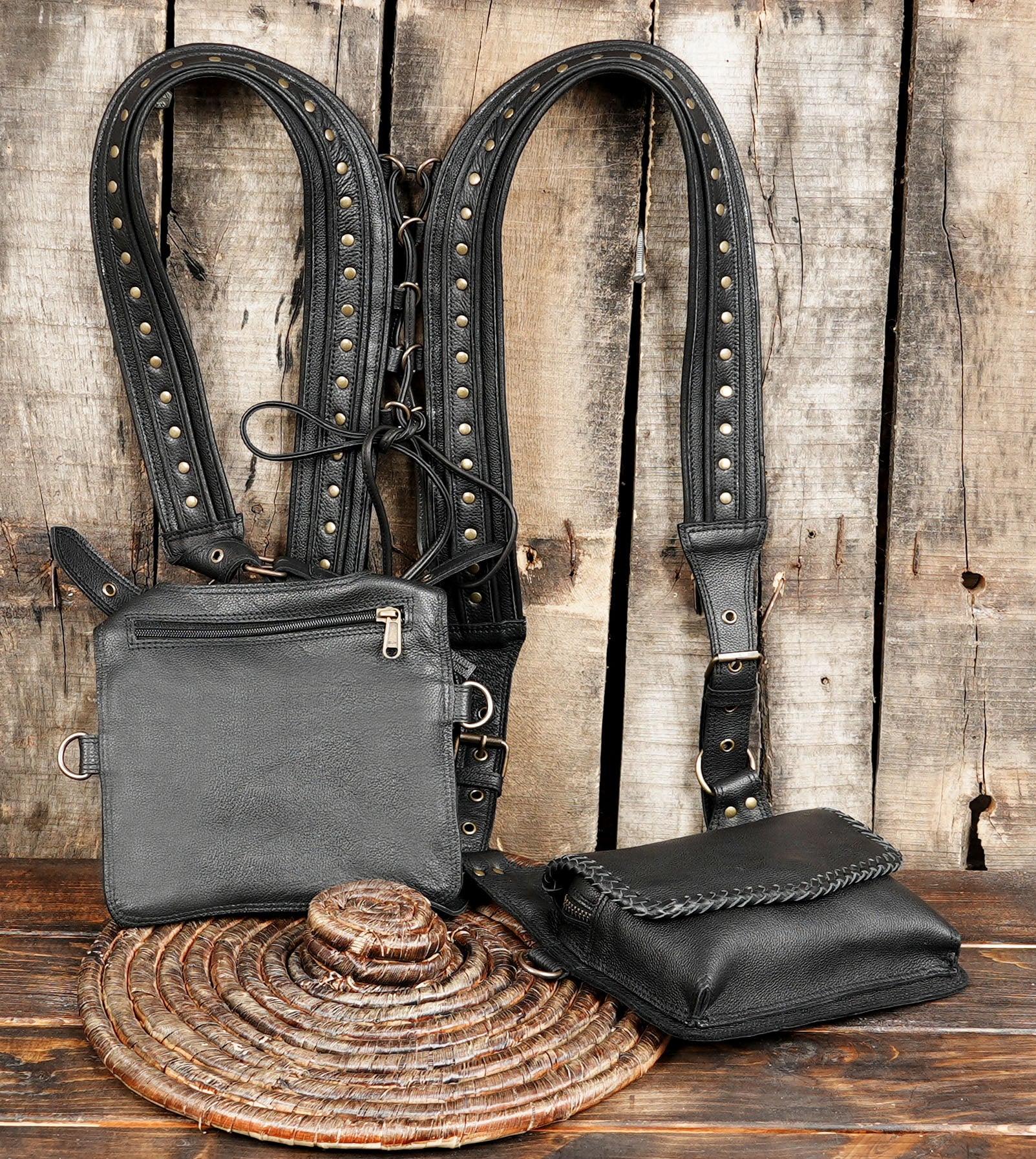  Black Leather Holster Bag Book Holster Bag Festival Bag Travel Bag Burning Man Bag Shoulder Bag Harness Bag Double Holsters Bag biker bag mobile bag 