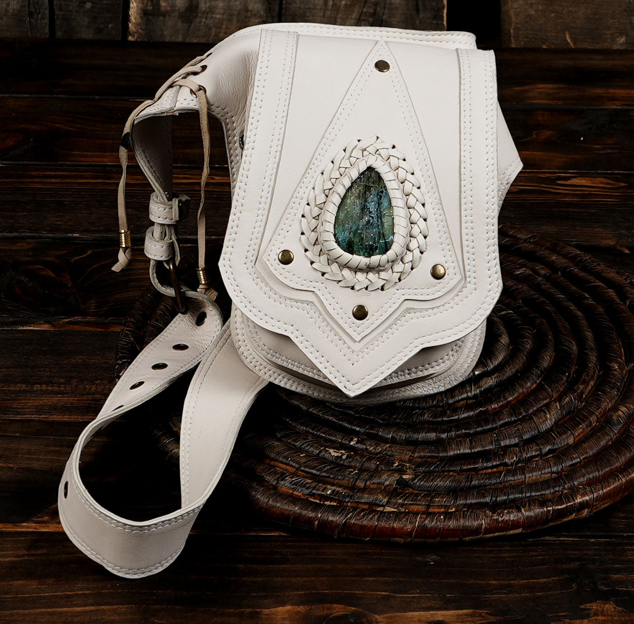 Bohemian Leather Belt Bag: Gemstone Accent, Unisex Festival Waist Bag with metal 
