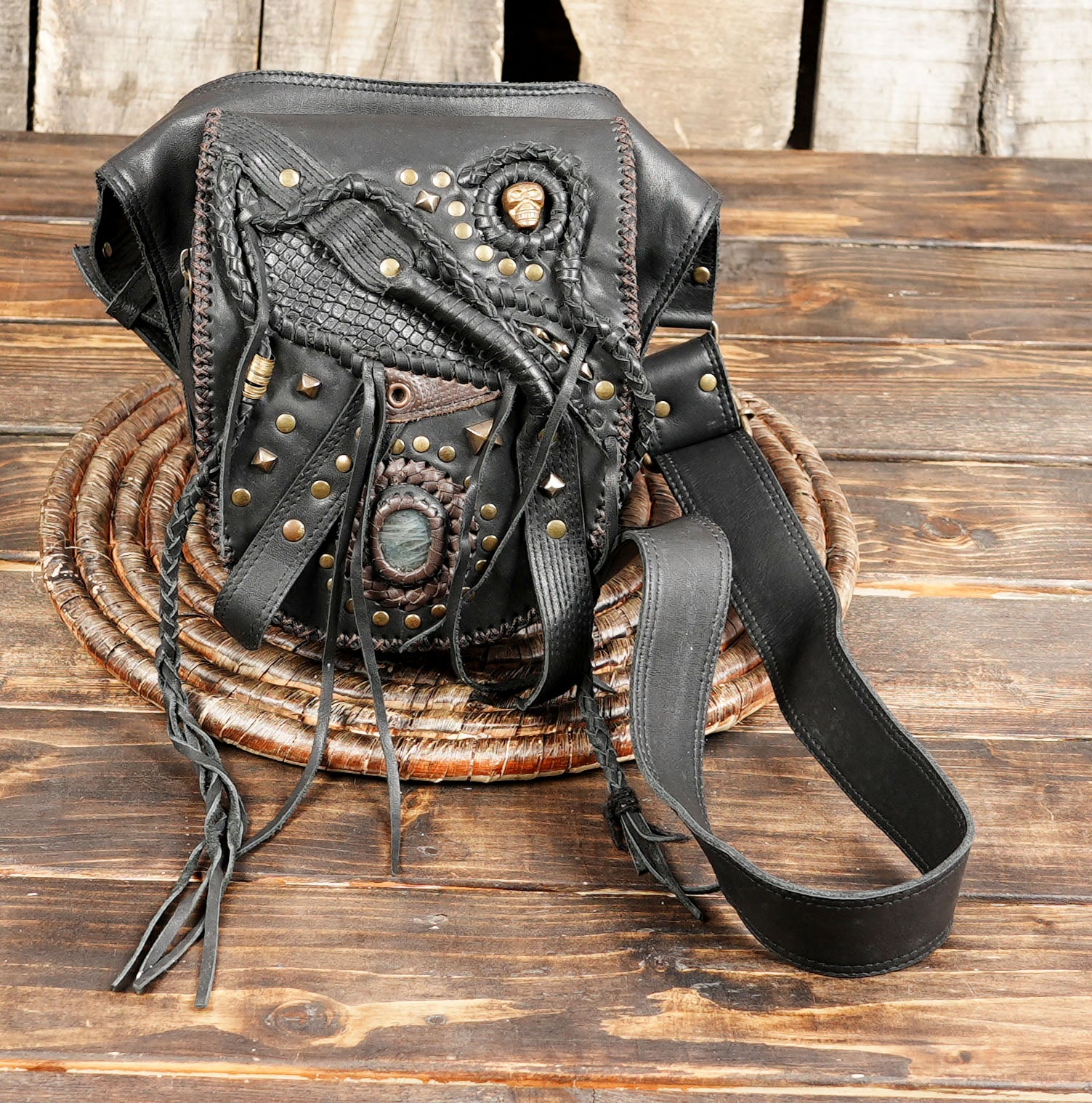 Gothic cosplay leather belt bag with studs