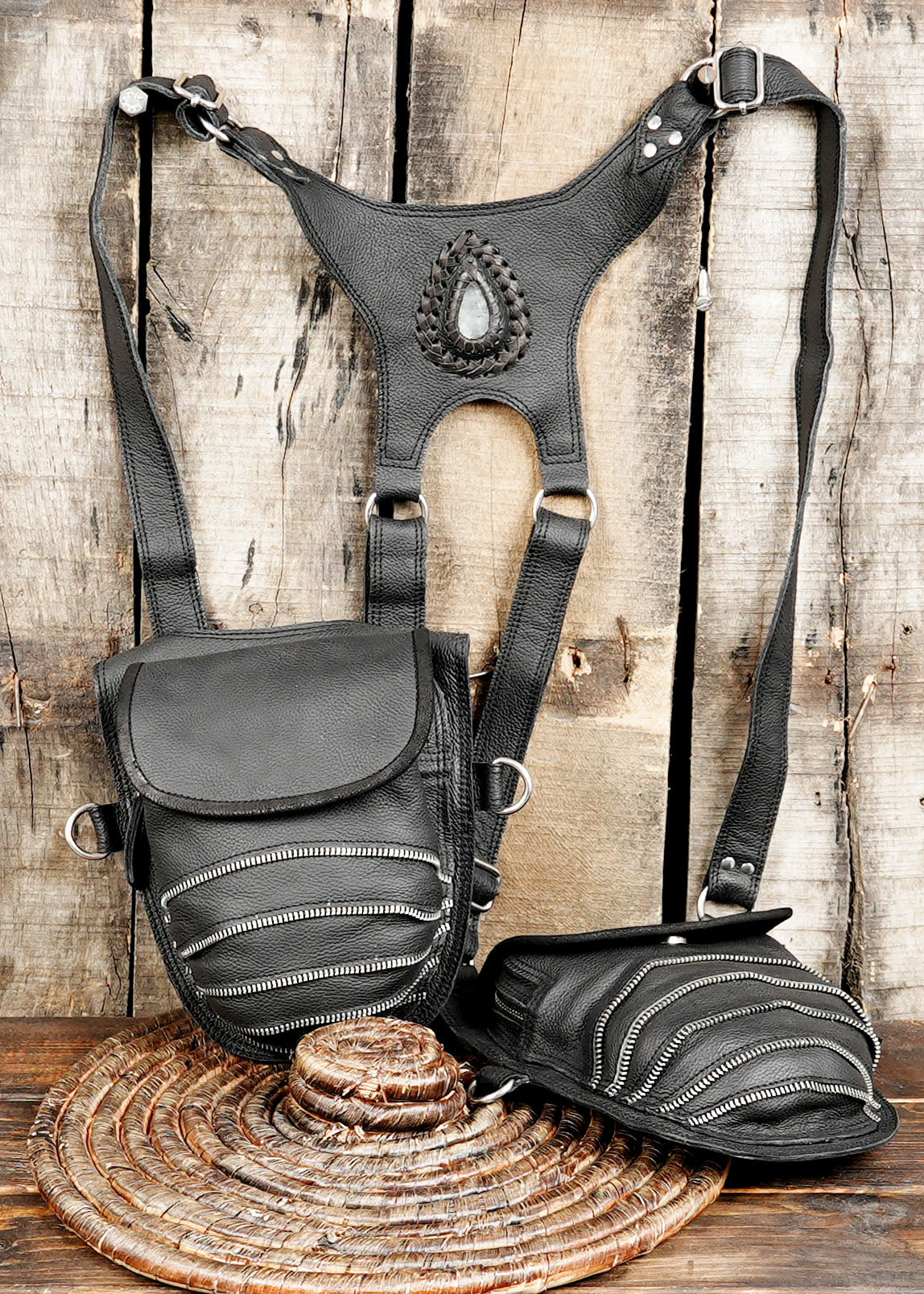 Genuine Leather Harness Belt with Blue Gemstone, Festival Style Beige Leather Holster with Gemstone Work, Boho Fashion Leather Holster with zipper creativity 