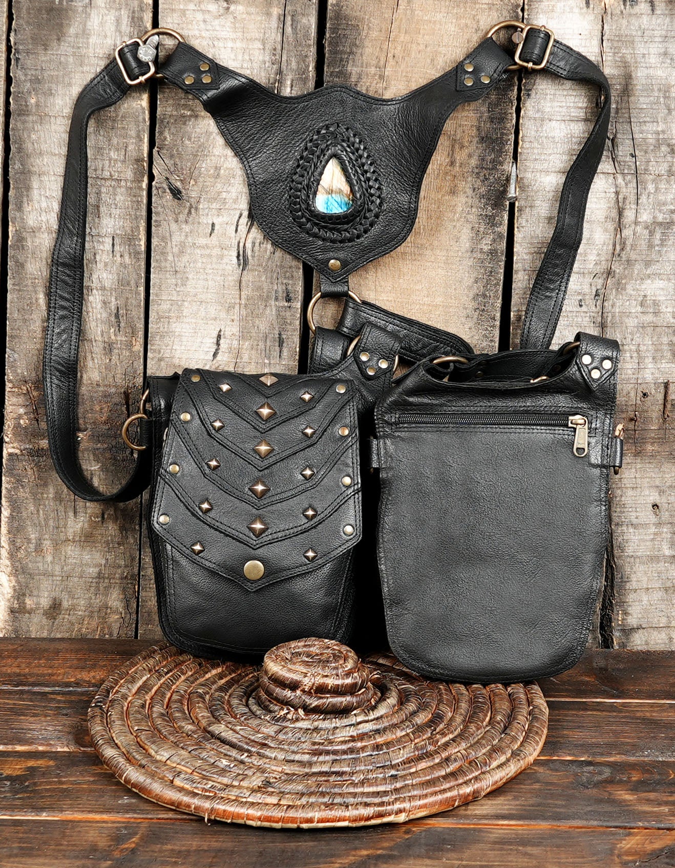 Women's black leather chest holster bag