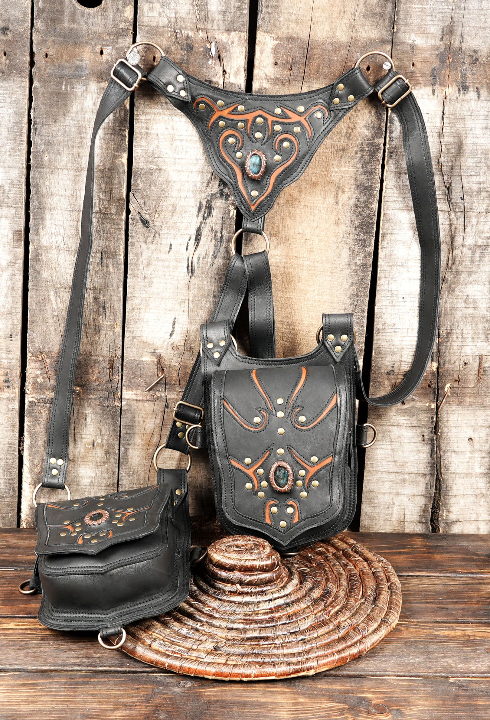 Handcrafted Leather Utility Holster , Unisex Travel Bag with Stone Accent, Black Leather Shoulder Holster for unisex