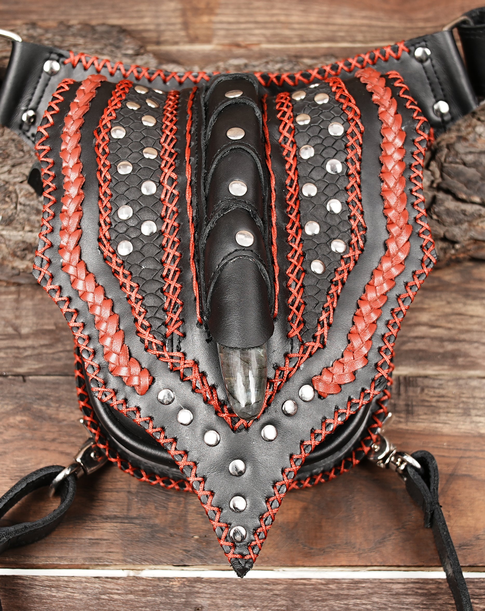 Leather Belt Bag: Crossbody Fanny Pack with Silver Details with red color combination
