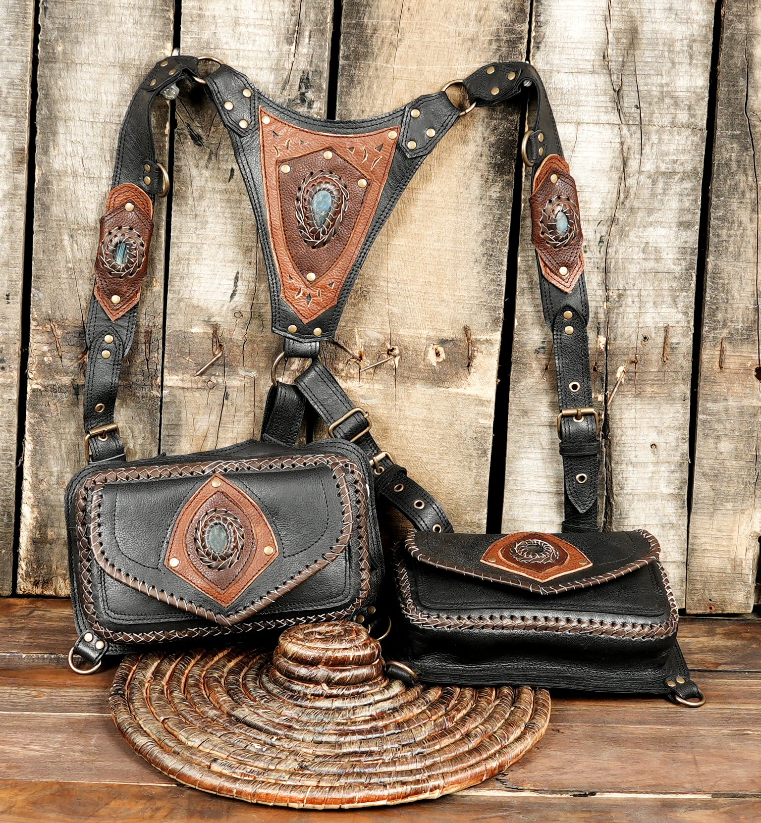 Buy Handmade Leather Holster Belt With Dual Utility Pouches, Steampunk Festival Leather Harness Belt with gemstone 