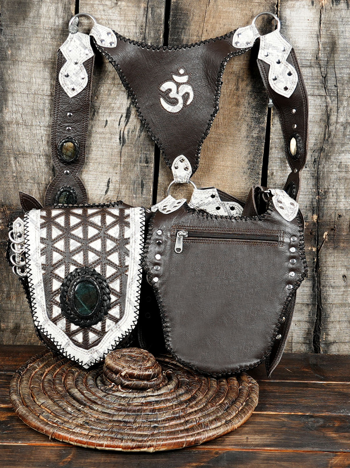 Handmade brown and white leather shoulder holster with two pouches