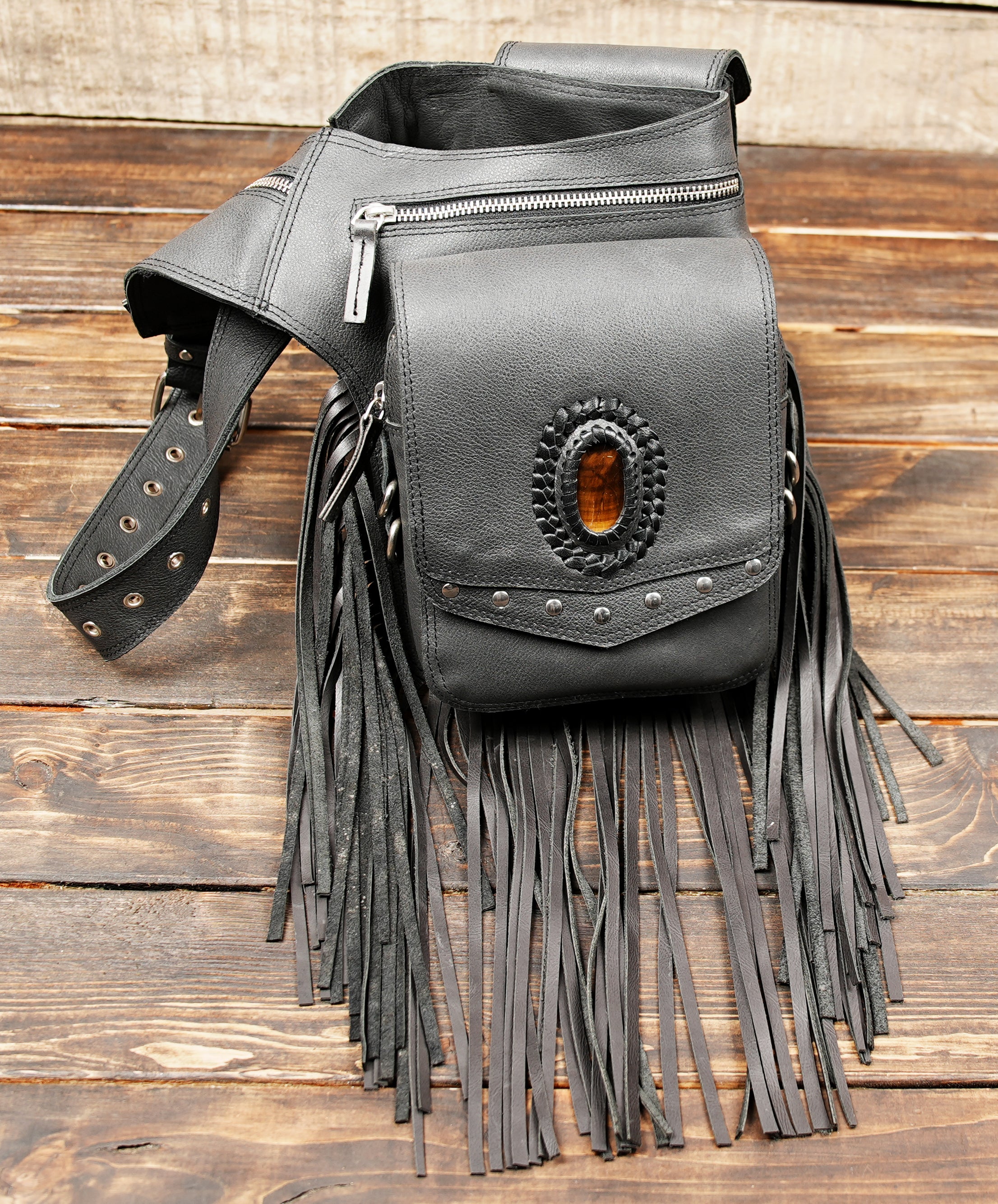 Handmade Black Leather Fringe Waist Bag: Labradorite stone with zipper 