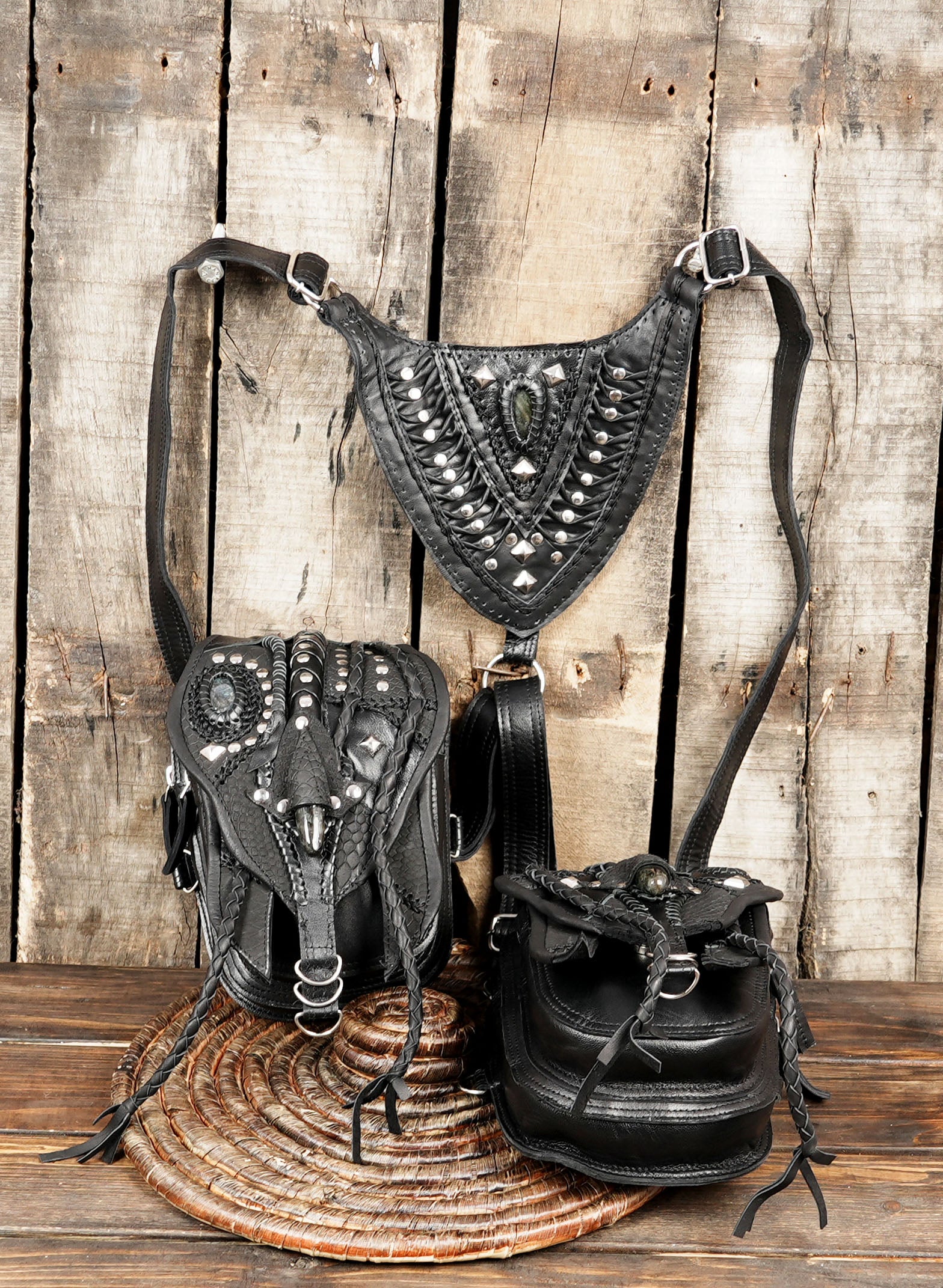 Harness Double Side Shoulder Bag In Black Textured Leather WITH METAL STEEL 