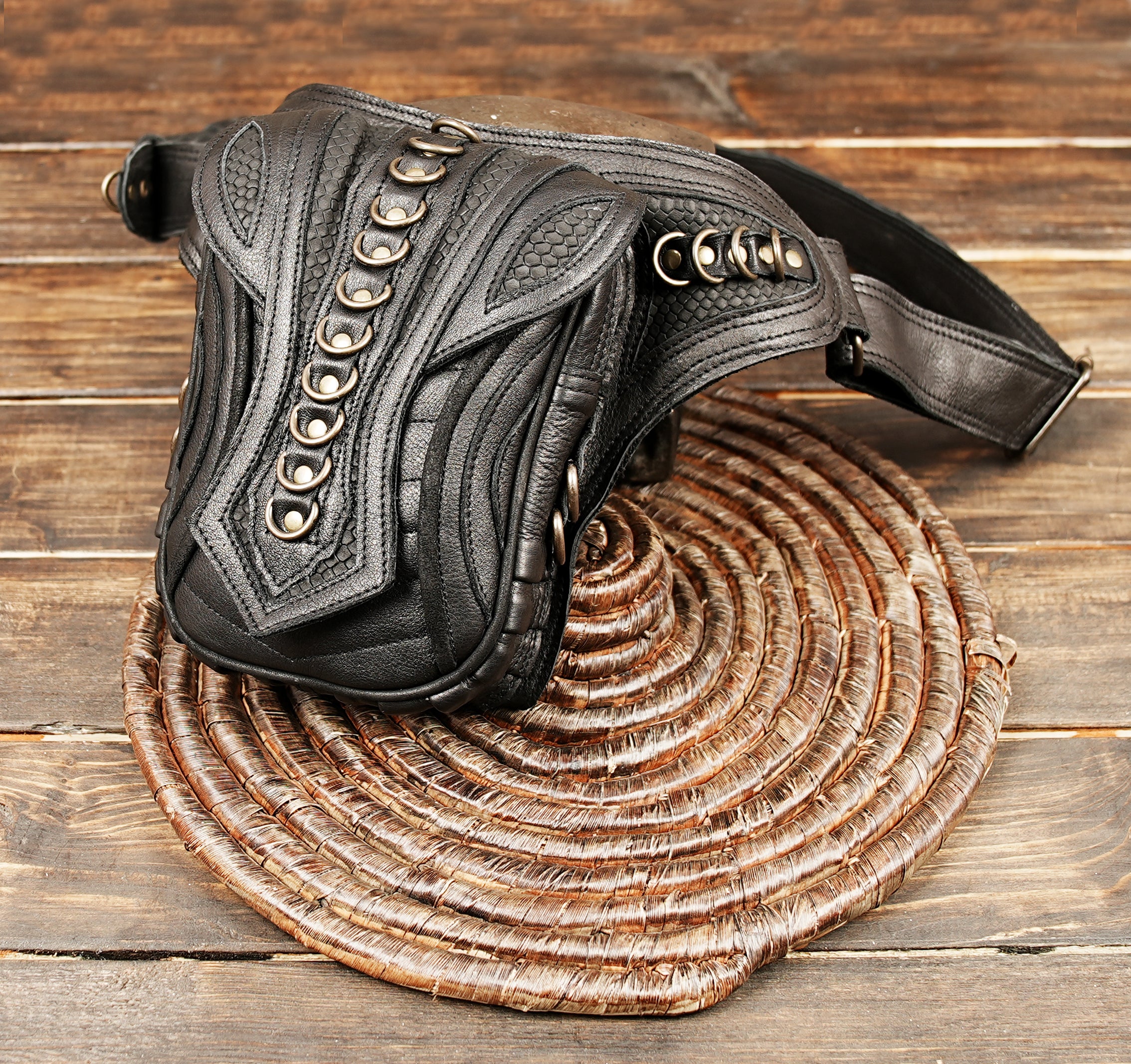 Durable black leather festival pouch with secure zipper pocket