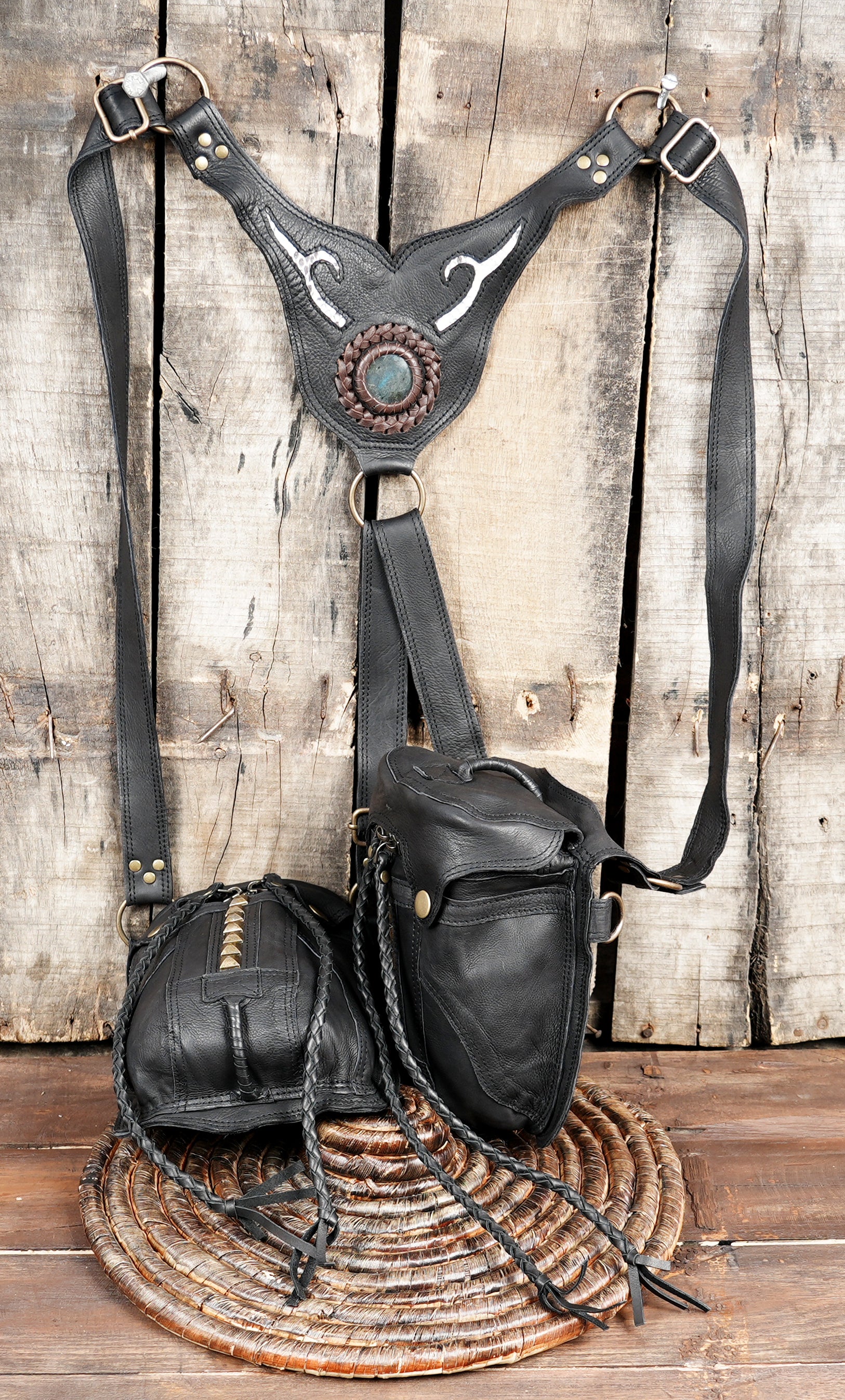 Unisex steampunk holster harness bag made from full-grain black leather