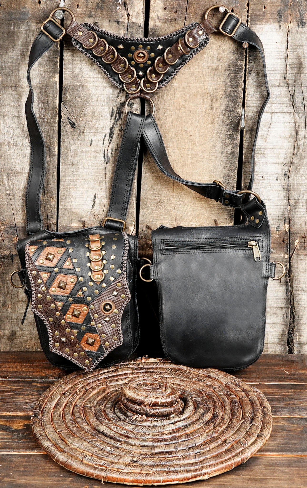 Black Handmade Leather Holster | Gemstone Harness Bag | Unisex Leather Holster Belt | Boho Style With Dual Pocket Holster 