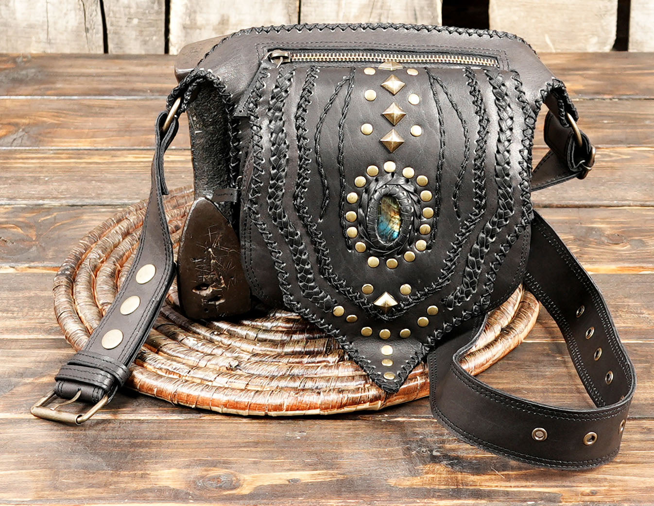 Gothic festival belt pouch made from premium black leather