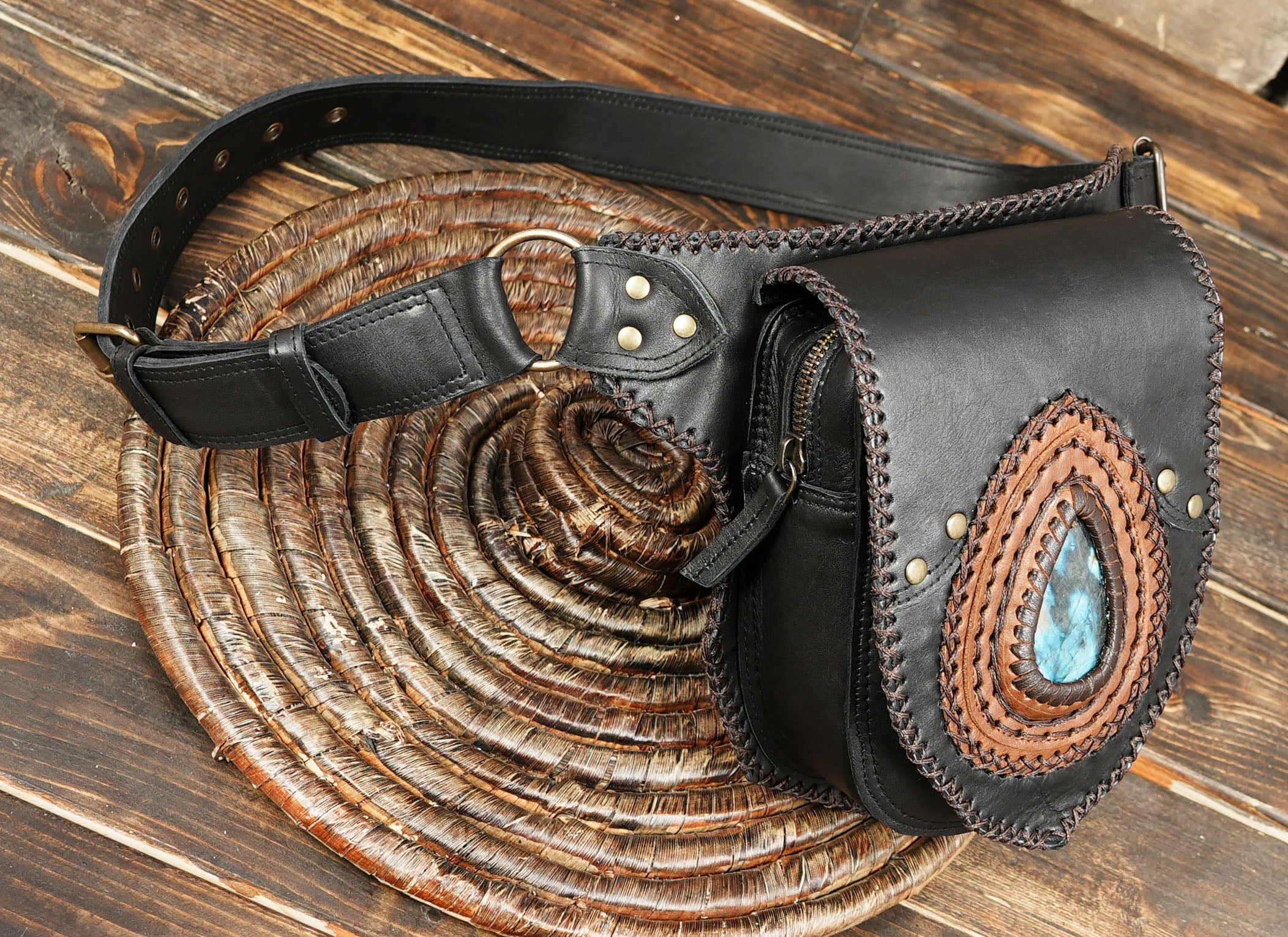 Back view of leather waist bag with zip pocket with zipper 