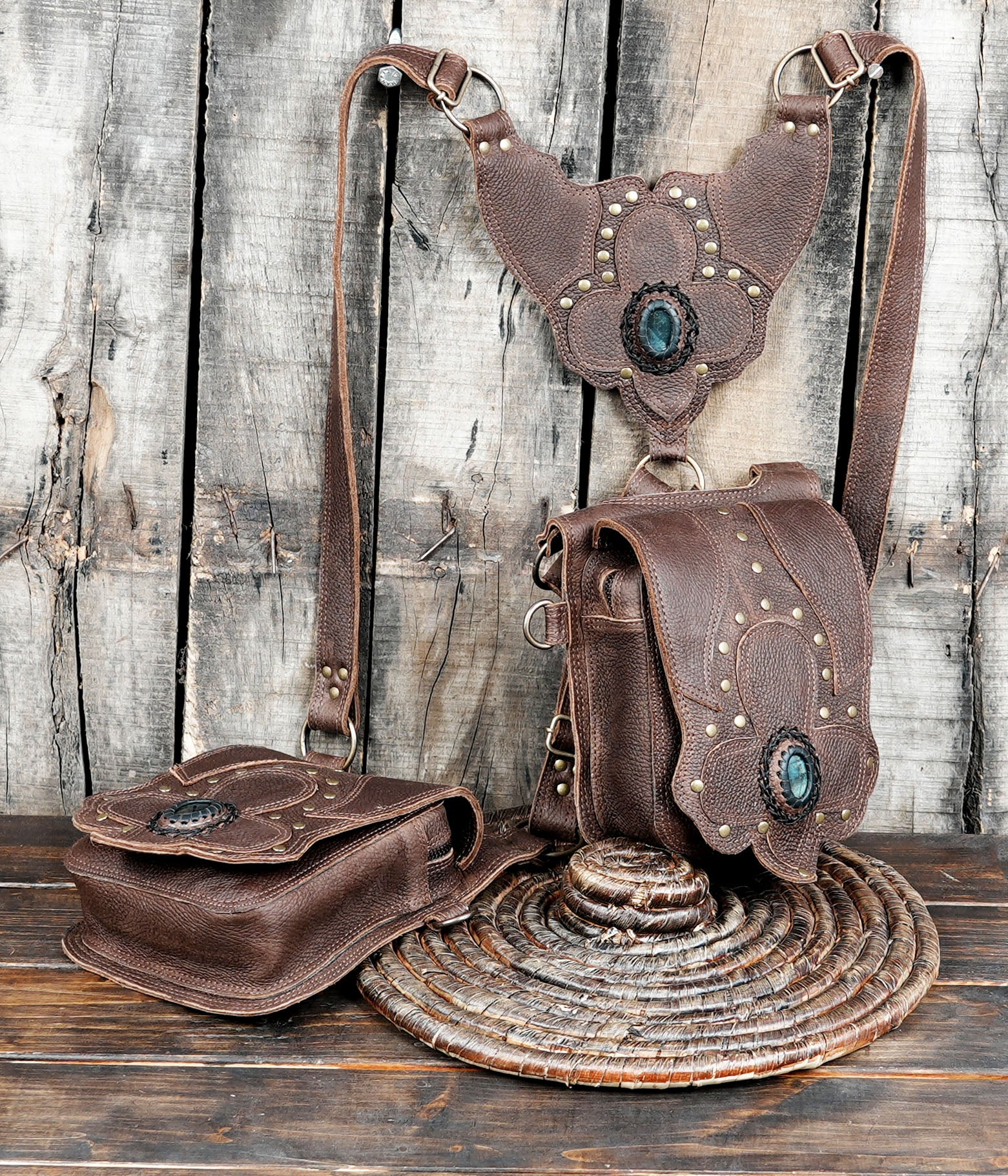 Steampunk-inspired leather holster bag in rich brown tone