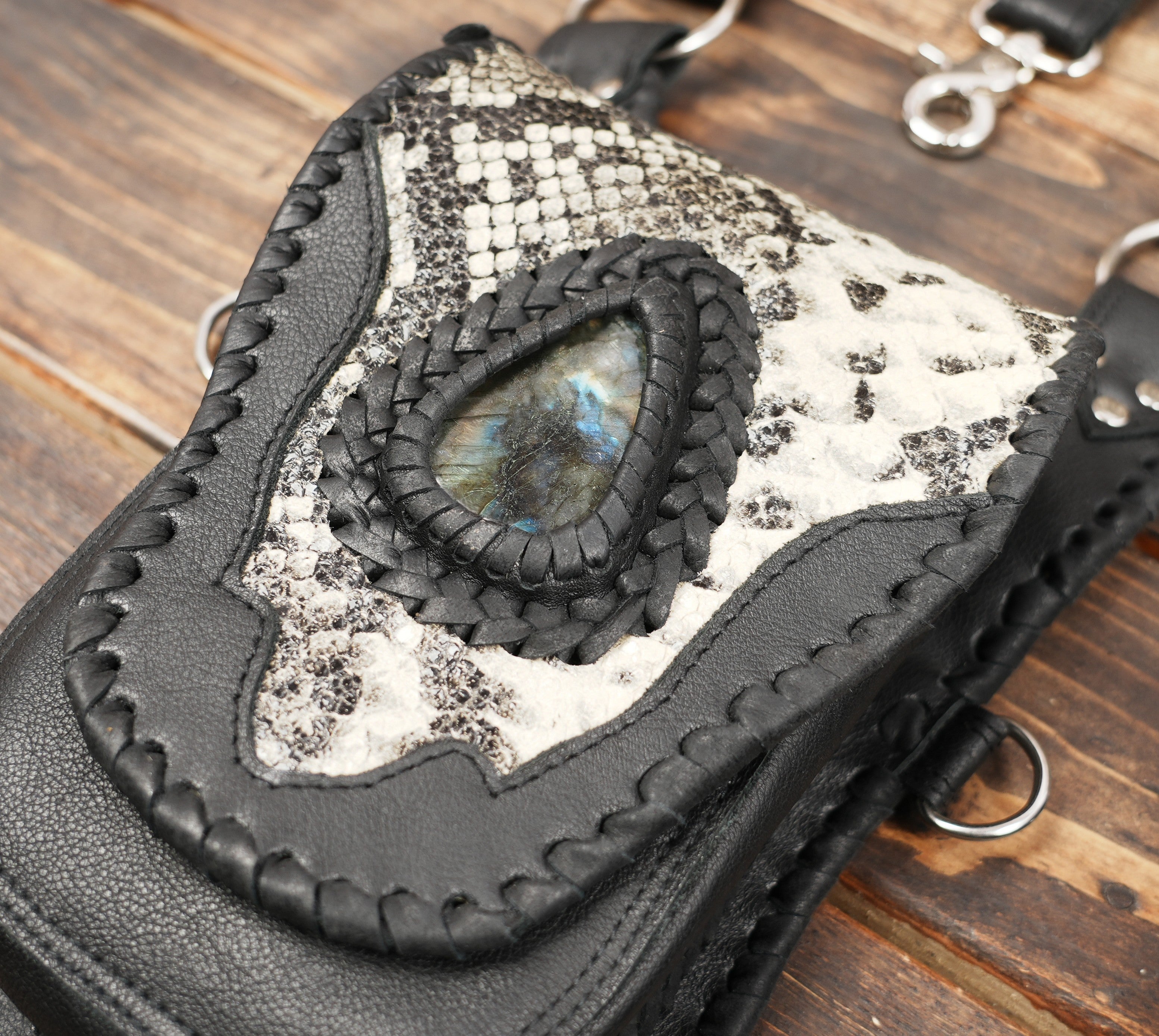 Cosplay ready leather shoulder holster with gemstone inlay and reptile texture