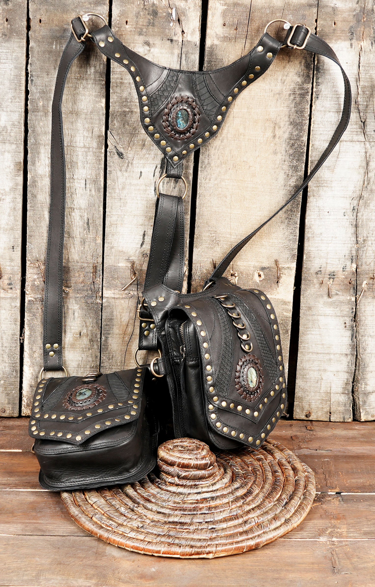 Men’s steampunk leather holster bag for festivals with mwtal creativity 
