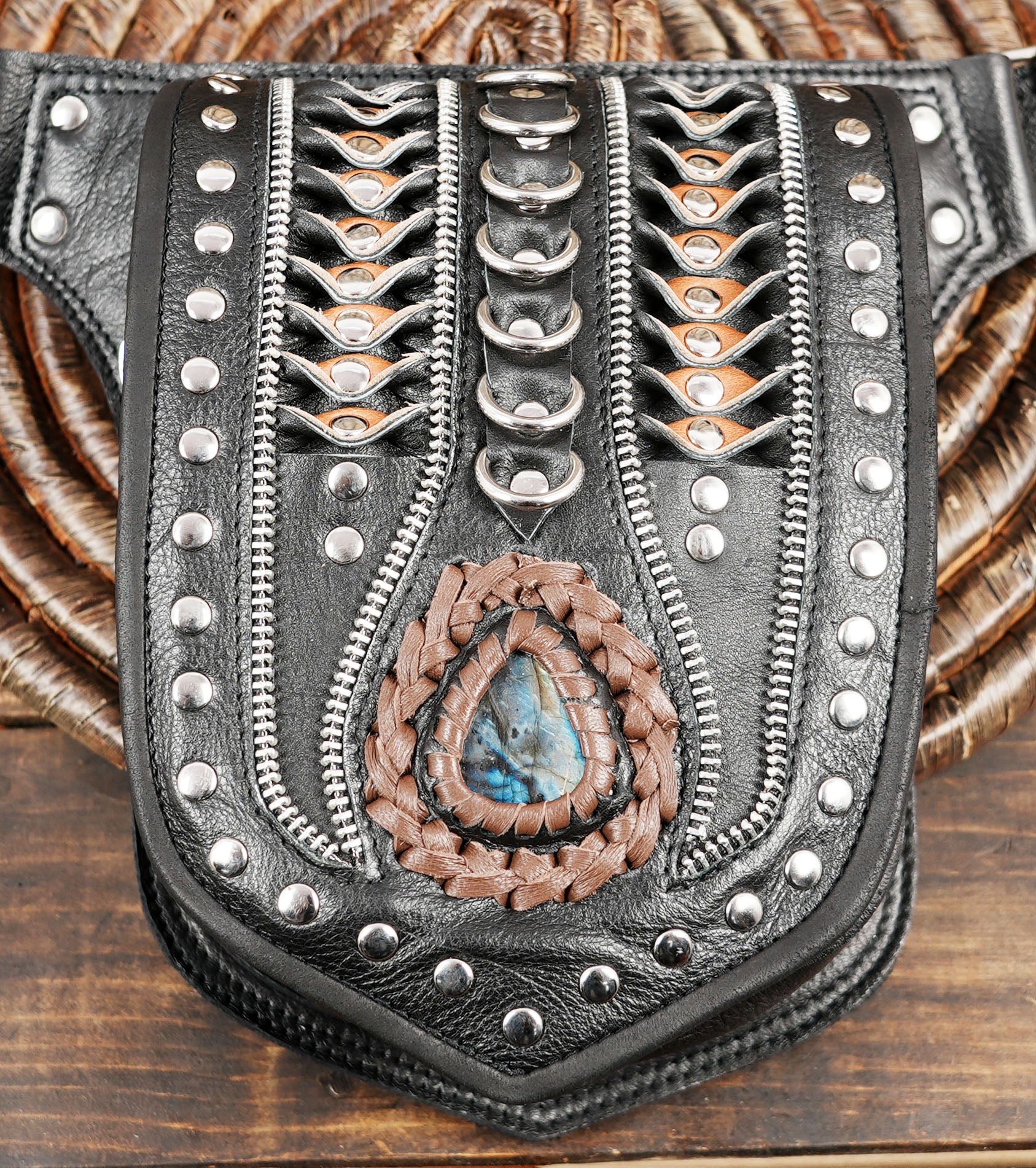 Steampunk-inspired black leather waist bag with metal studs WITH STEEL CREATIVITY 