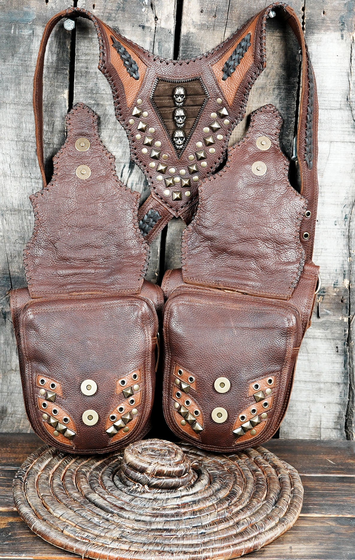 Handmade Leather Holster Harness with Dual Pouches || Brown Leather Shoulder Holster with Adjustable Straps (LT-AB-HLS- 6007)