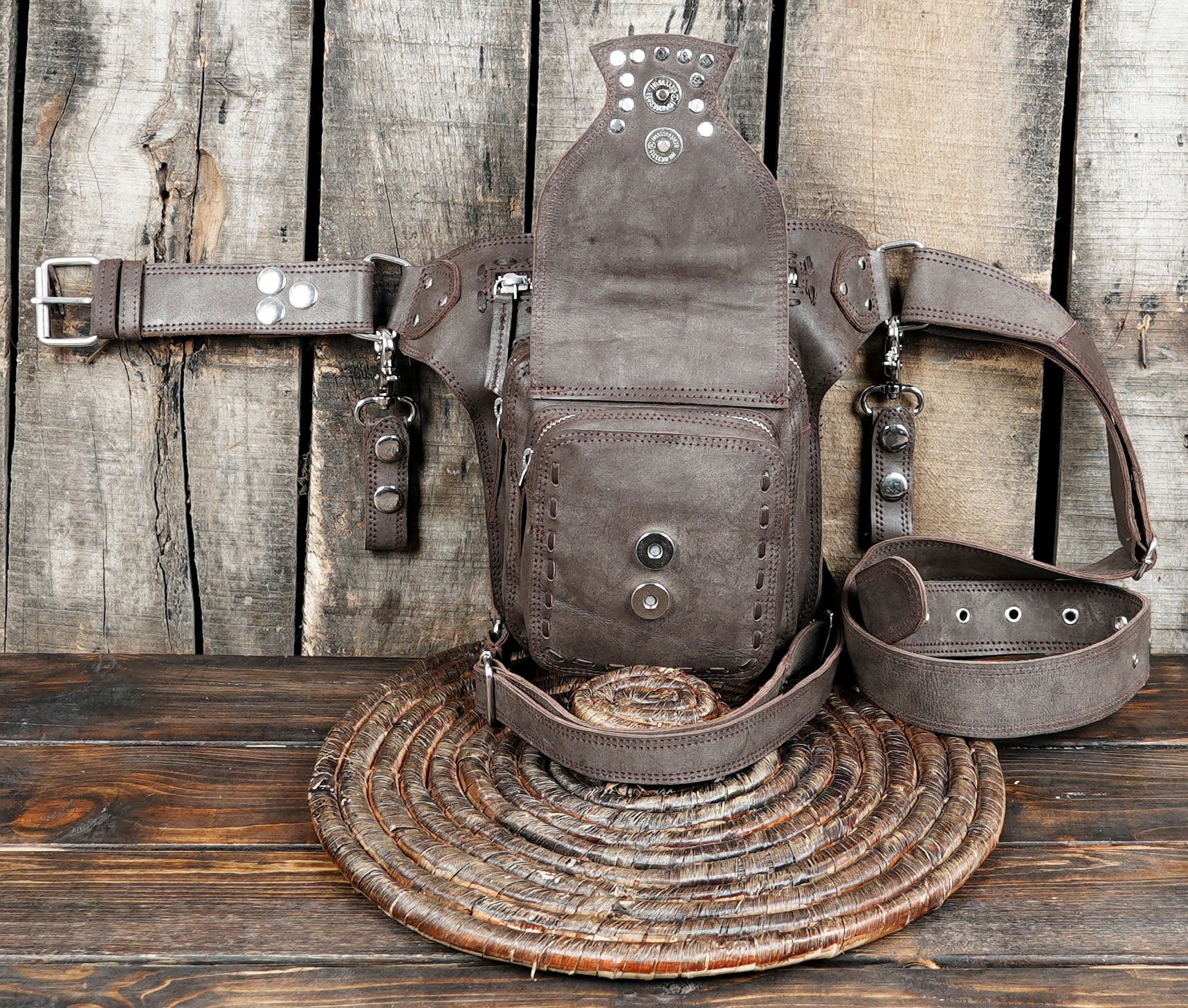 Adjustable leather belt bag with gemstone and rivets