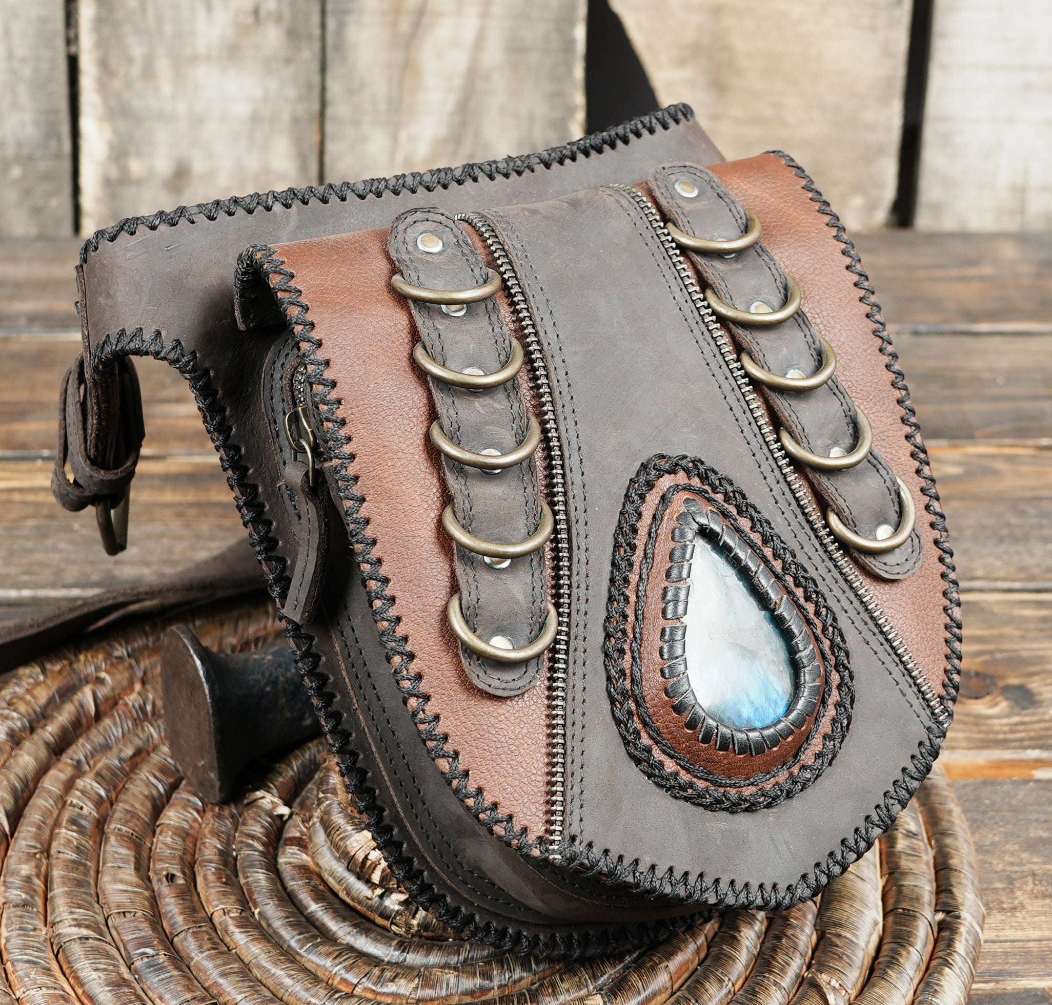 Brown and gray leather utility pouch with adjustable buckle belt