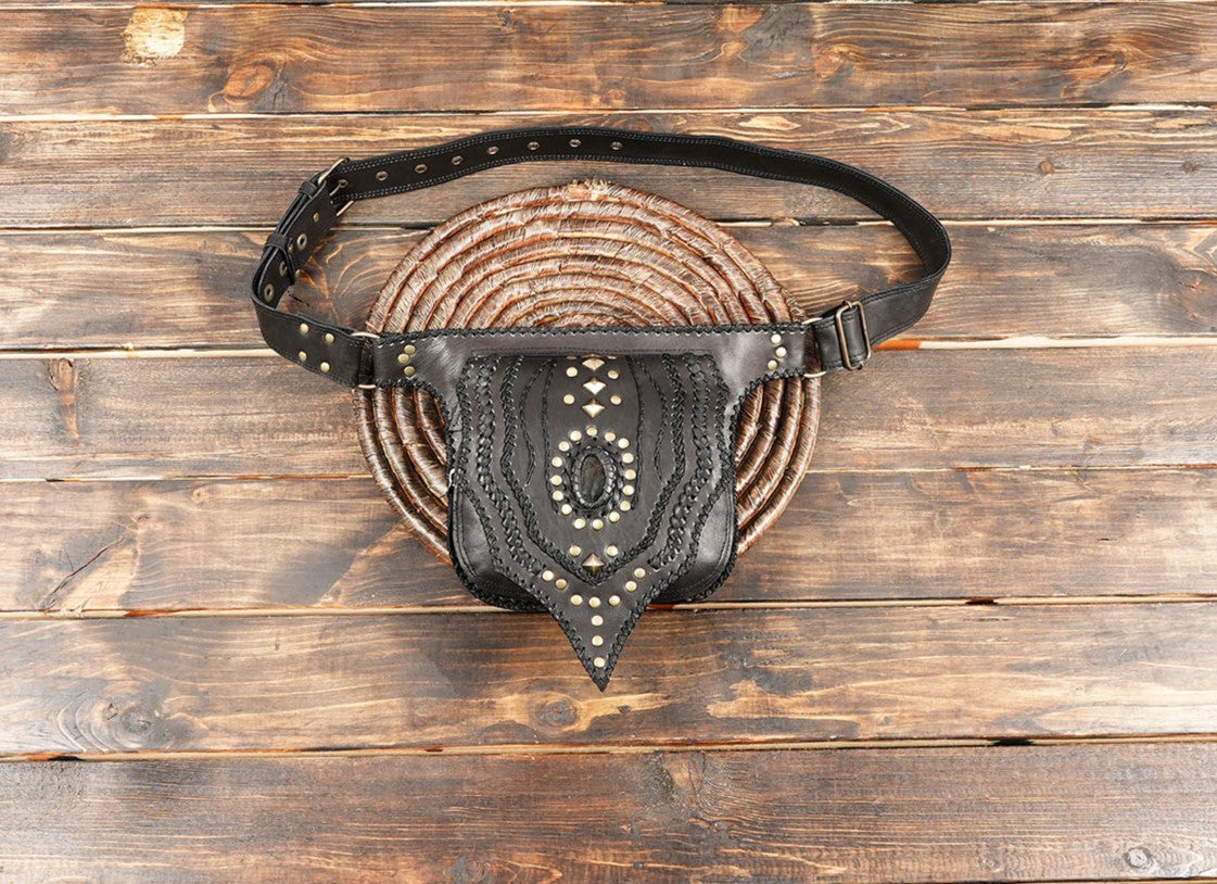 Handmade black leather belt bag with gemstone and brass studs
