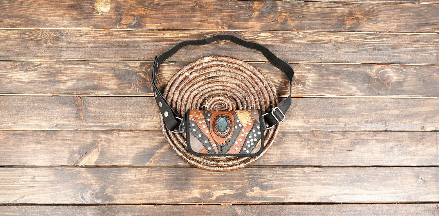 Handmade Patchwork Leather Waist Belt with Gemstone – Festival & Tribal Hip Bag