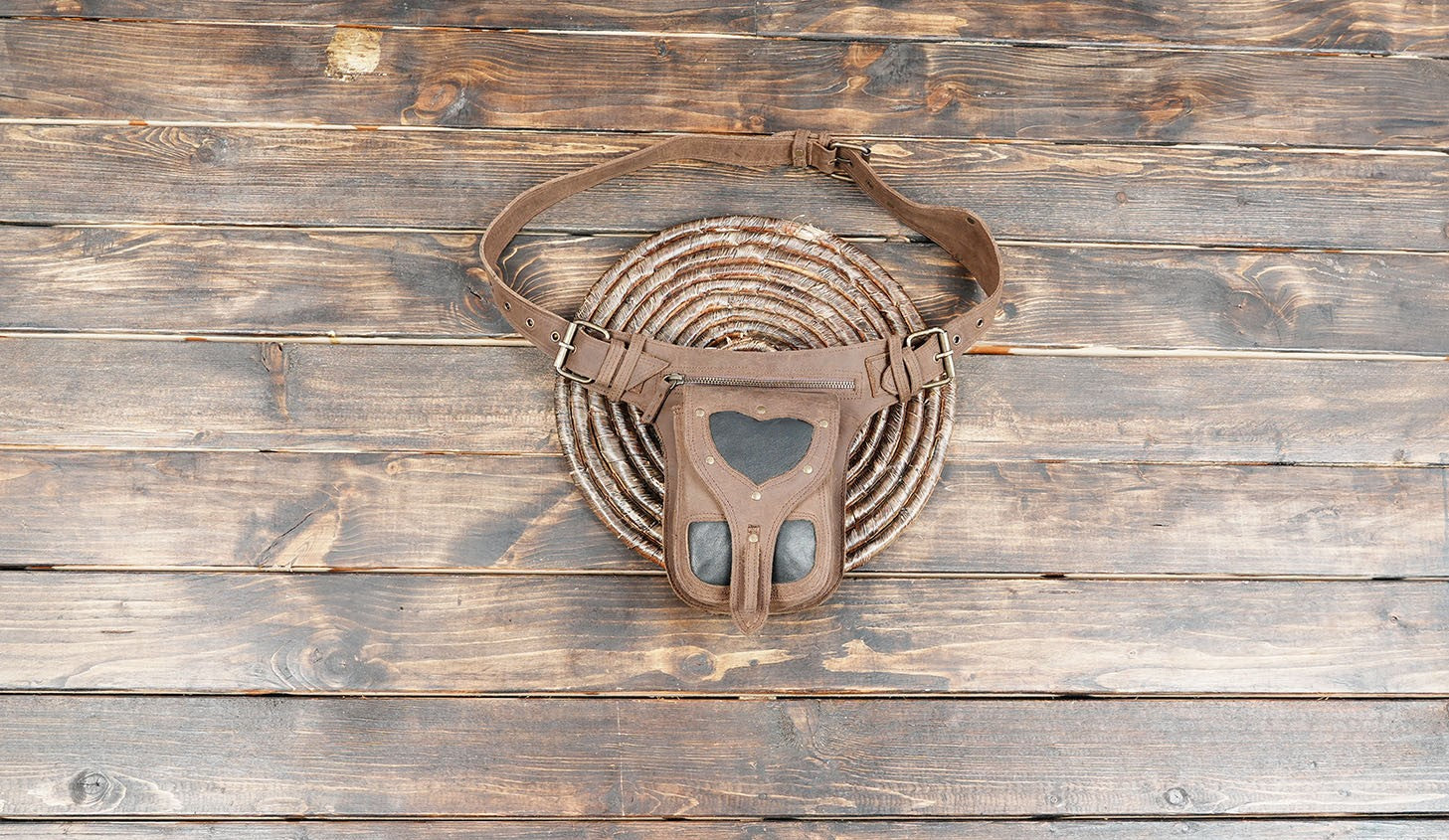 Handmade Brown Leather Waist Belt with Heart Design – Festival Utility Hip Bag