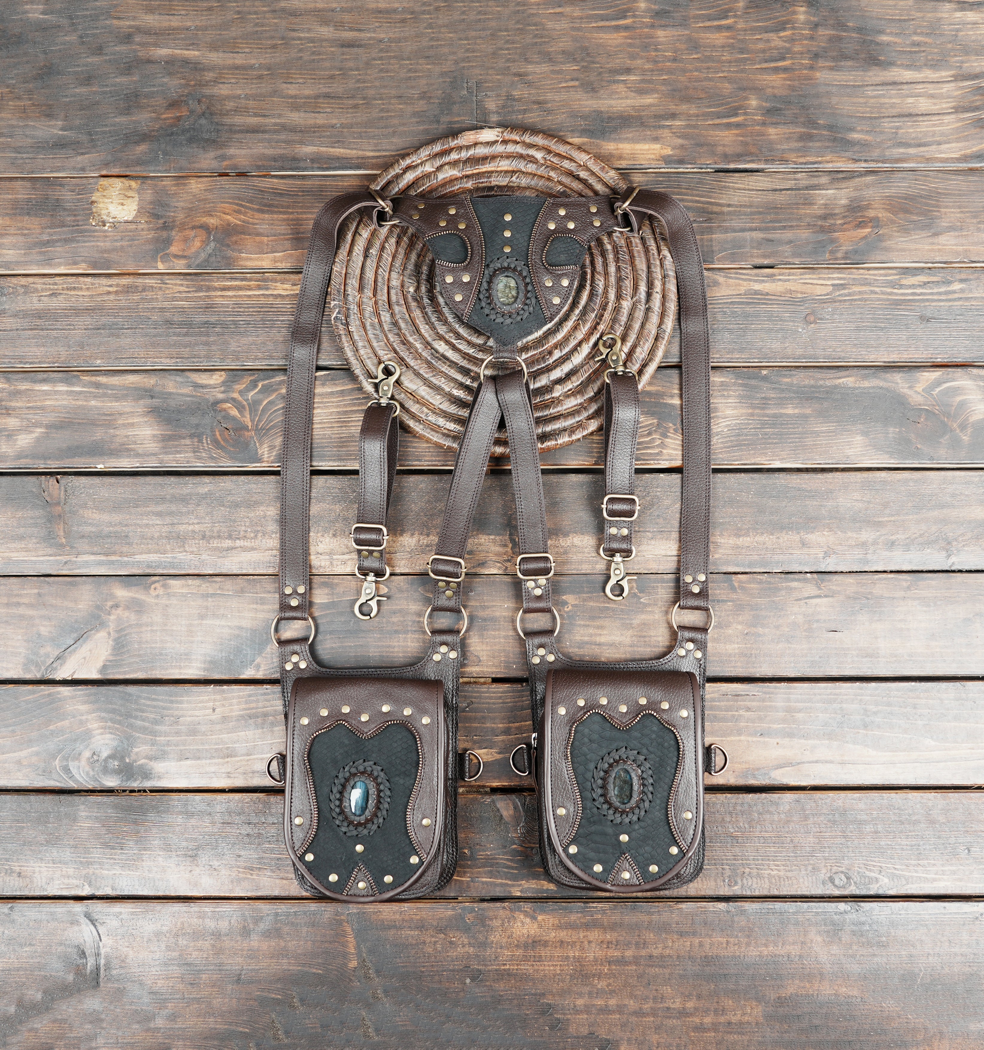 Brown leather double pocket shoulder holster with gemstone accents