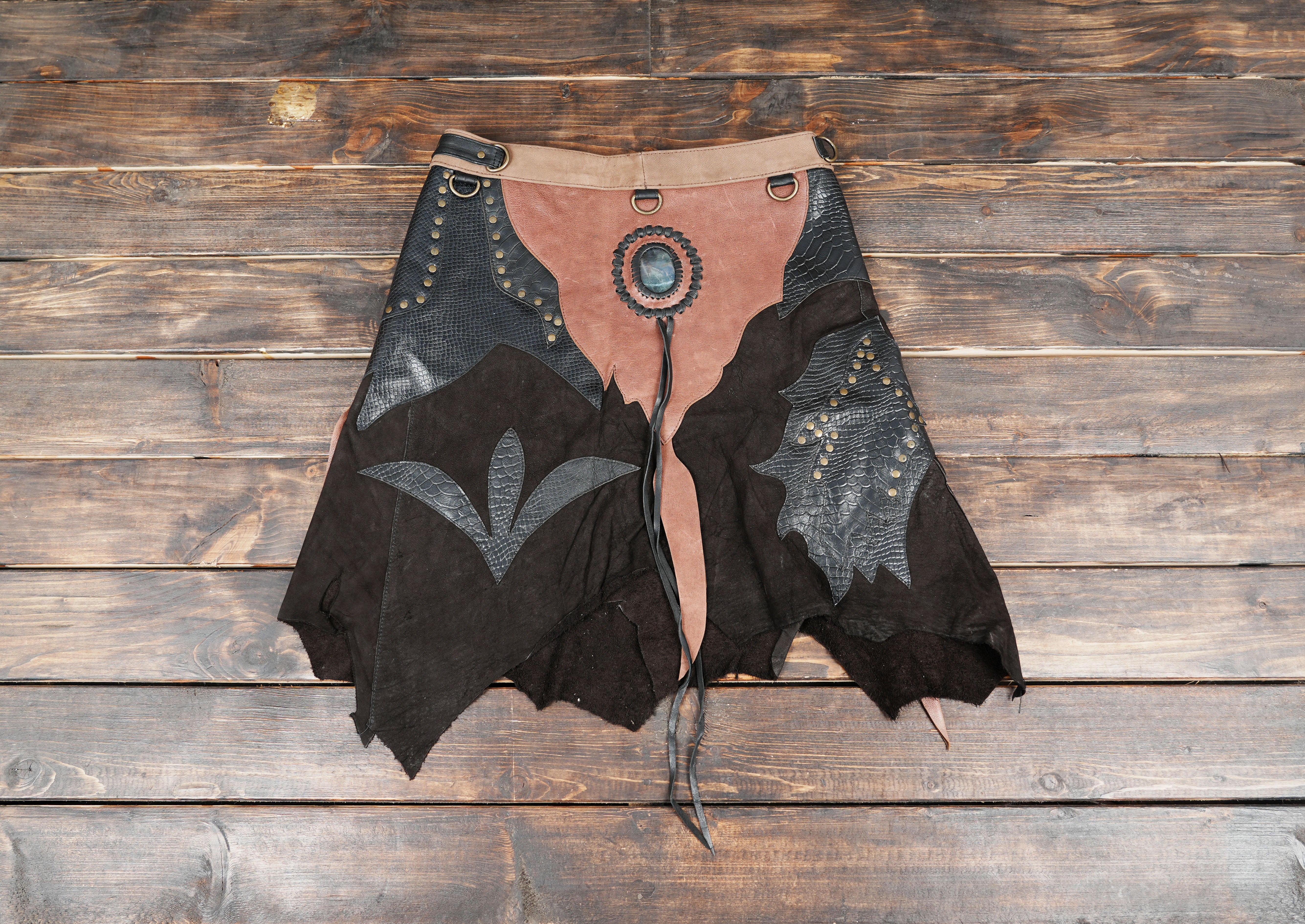 Handmade leather skirt belt with gemstone accent and patchwork design
