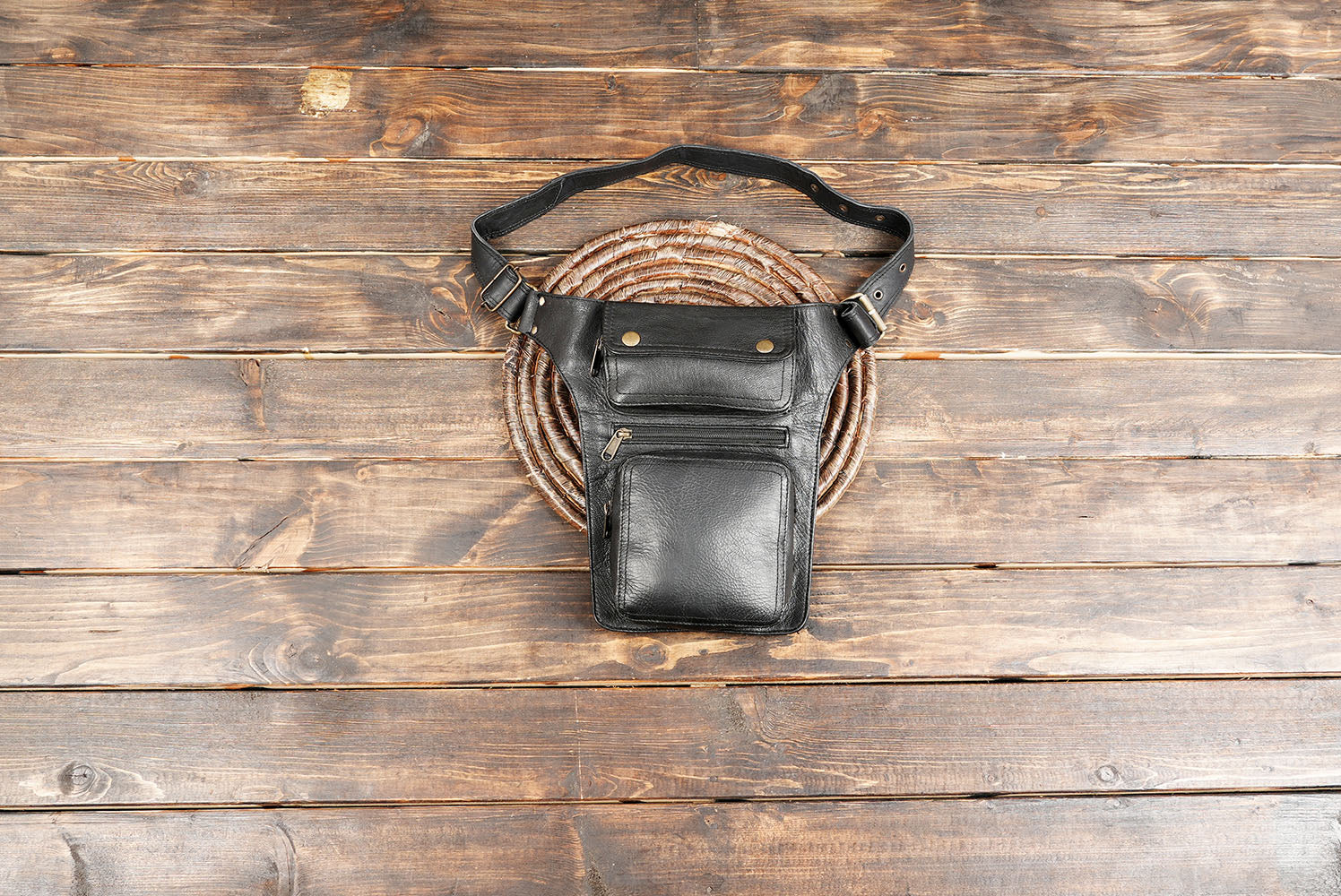 Black Leather Waist Belt Bag – Handmade Utility Hip Pouch for Festivals & Travel