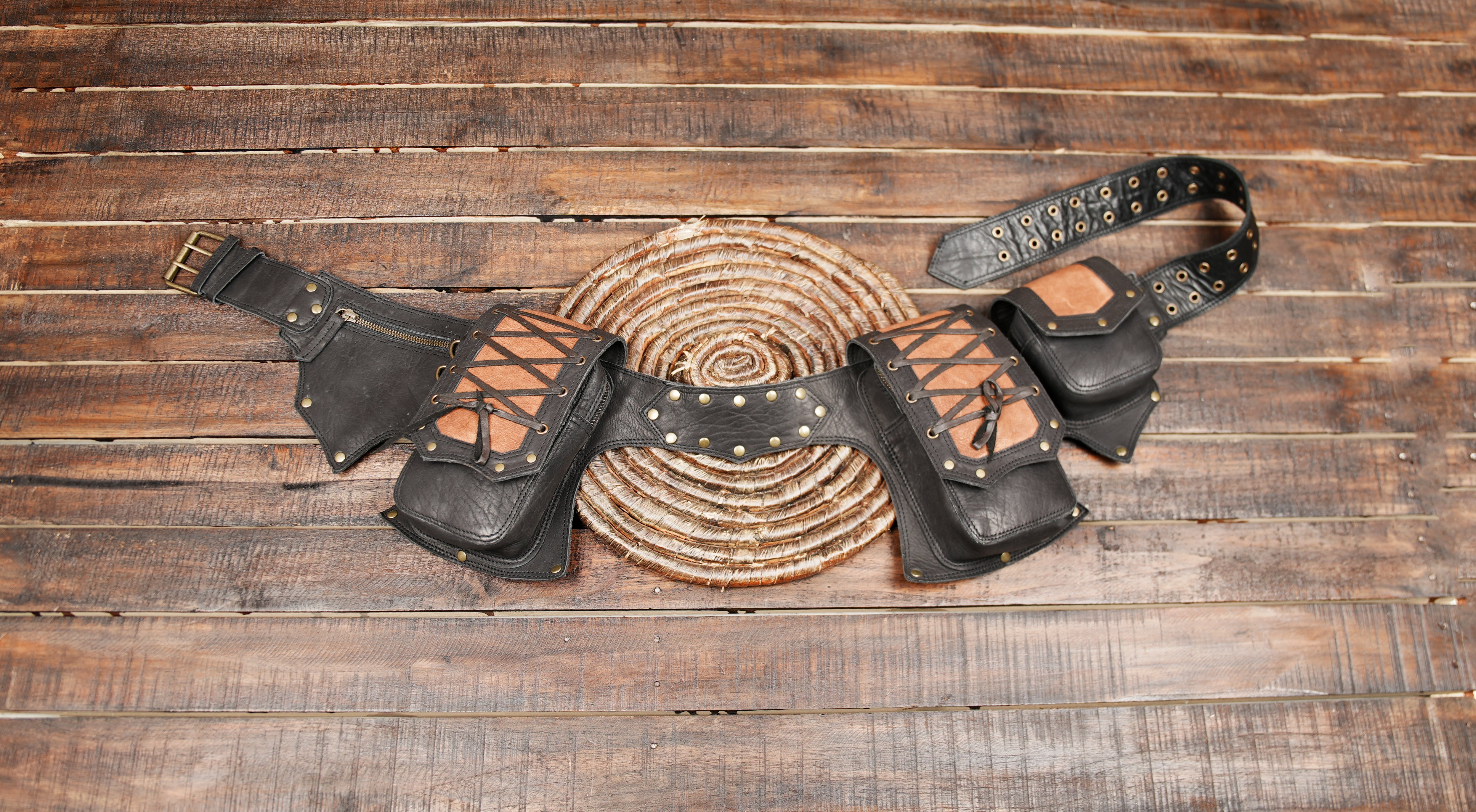 Handmade Leather Waist Belt with Pouches – Steampunk Festival Utility Bag