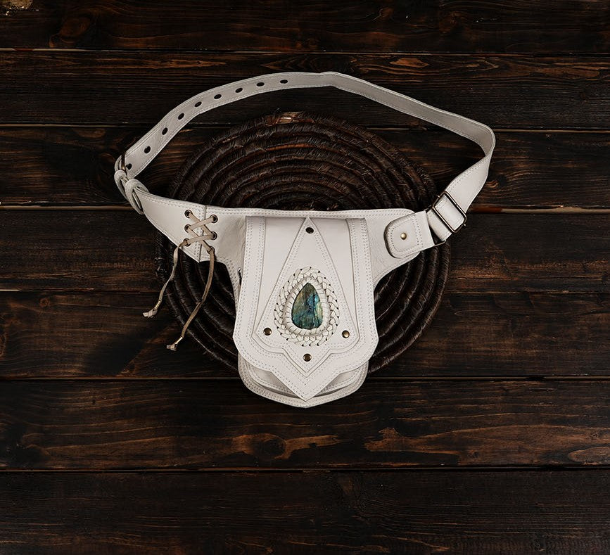 Handmade white leather belt bag with Labradorite gemstone