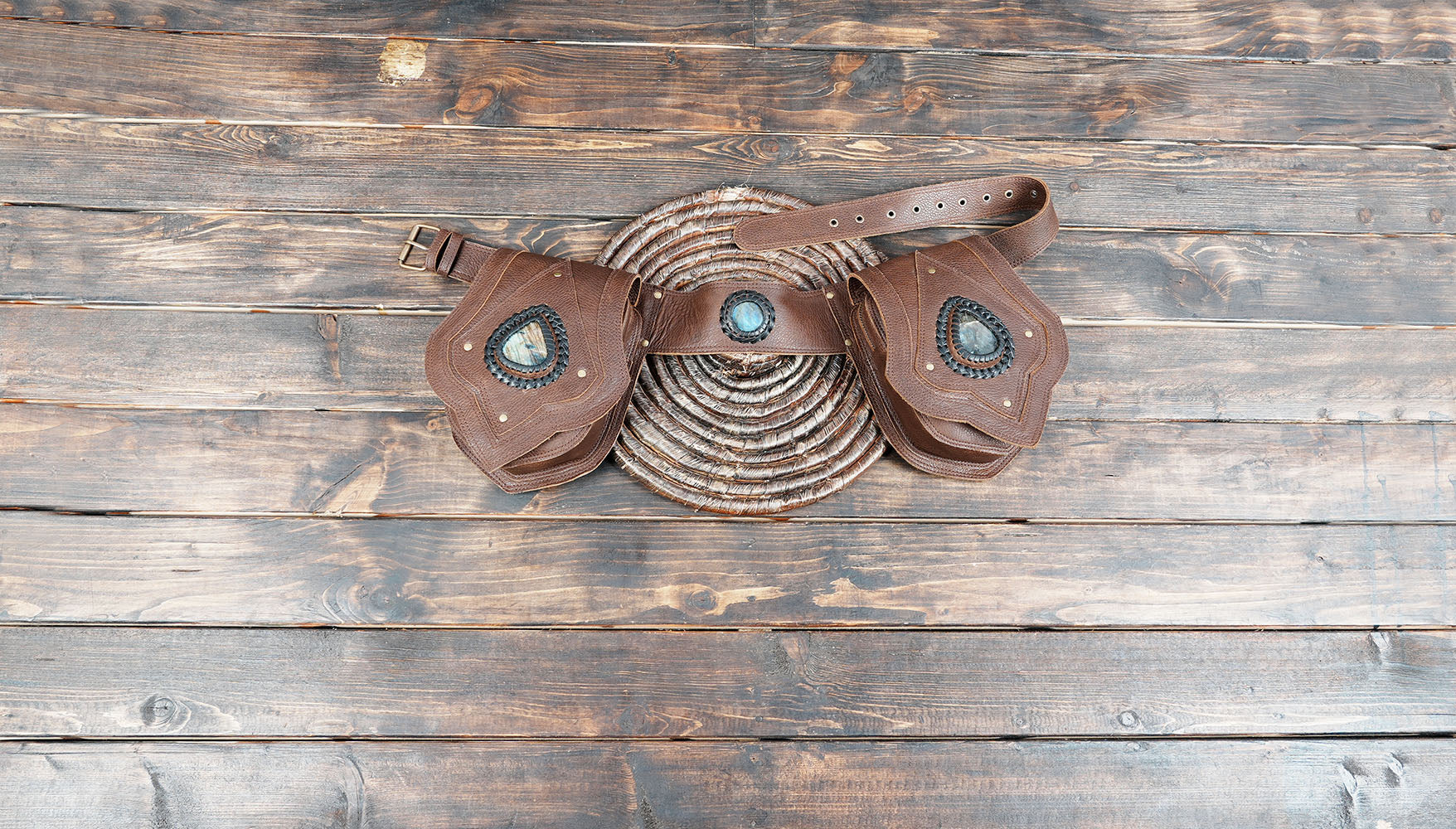 Brown Tribal Leather Waist Belt with labradorite gemstone – Gothic Boho Hip Bag with Stone Accents  (LT-AB-WB-6080)