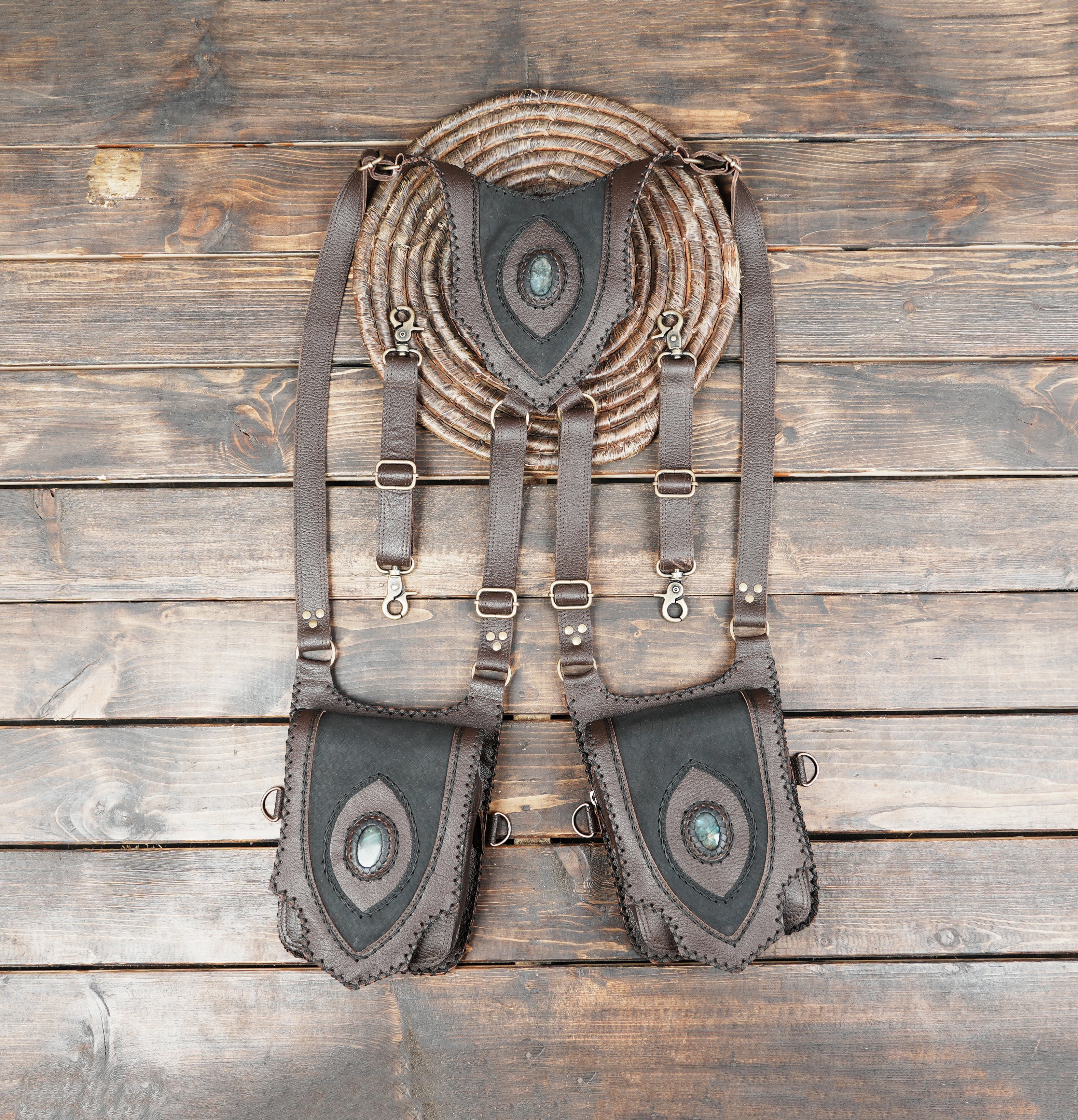 Dark brown handcrafted leather dual pocket shoulder holster with stone accents