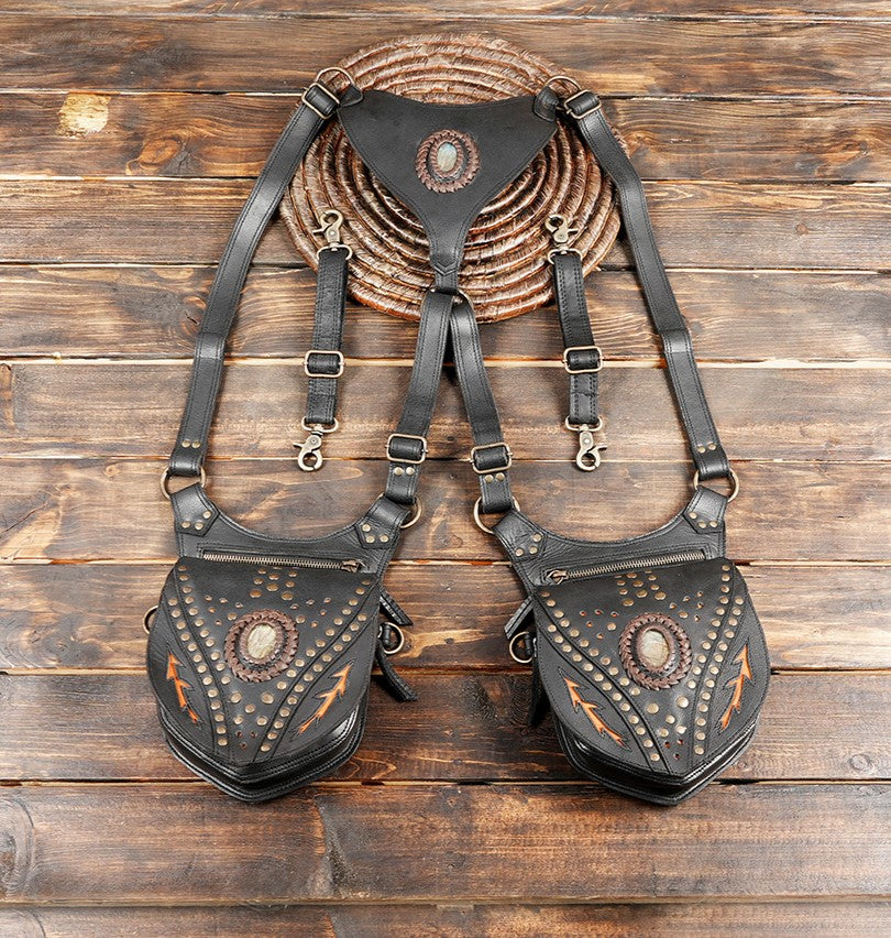 Steampunk leather harness crossbody bag for men and women