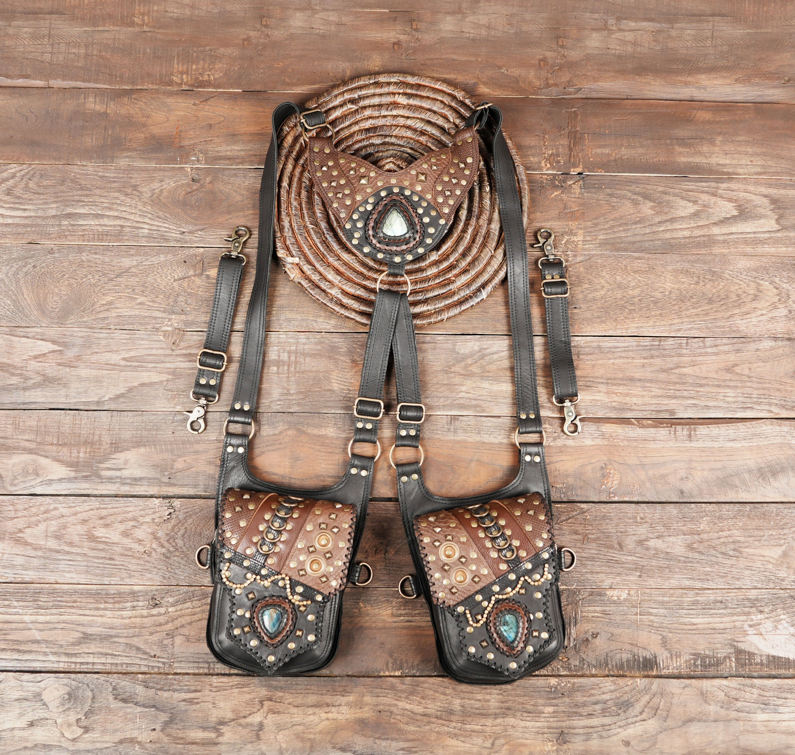 Handmade steampunk leather holster bag with gemstone centerpiece