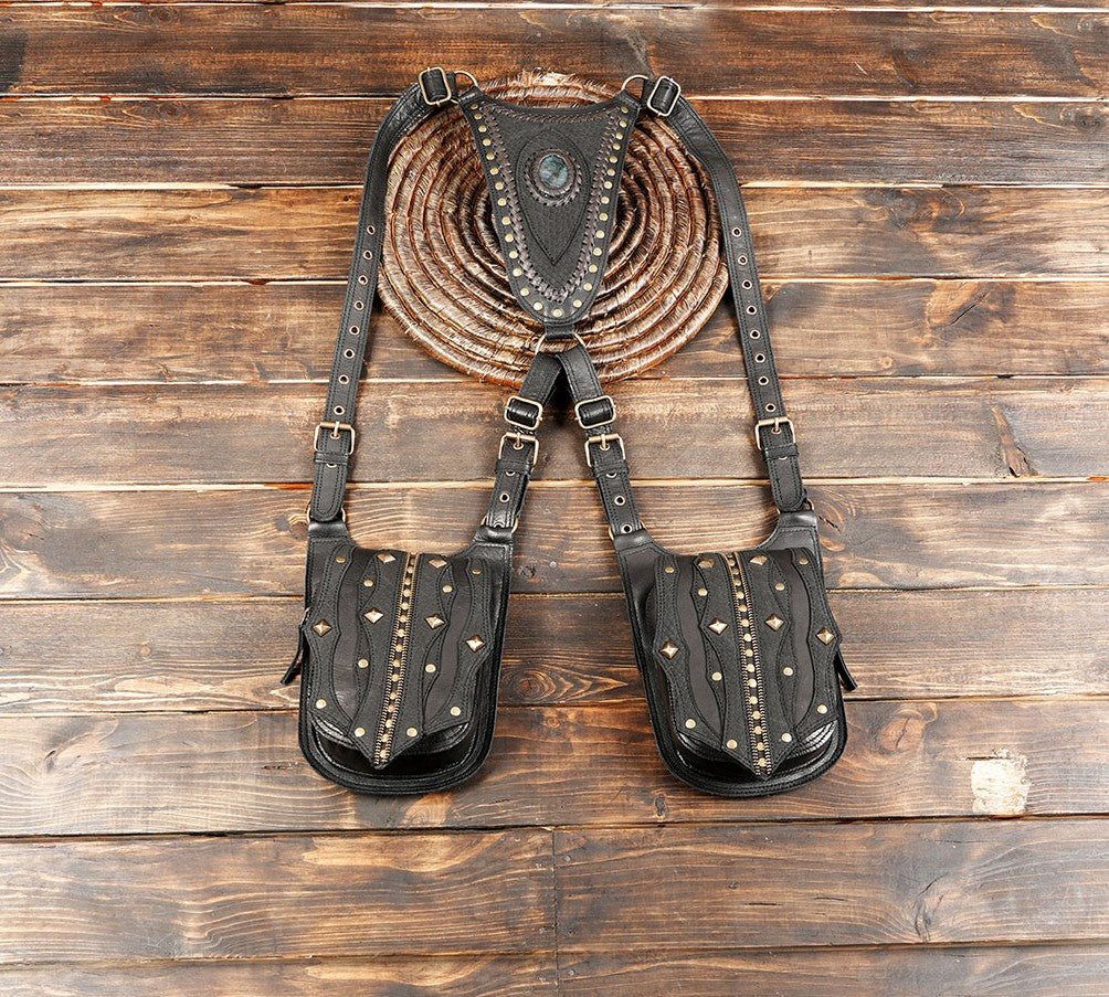 Handcrafted black leather western holster bag with gemstone centerpiece