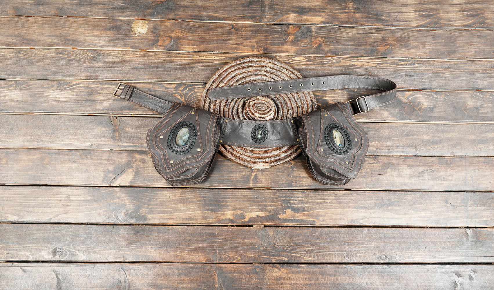 Brown Tribal Leather Waist Belt with labradorite gemstone – Gothic Boho Hip Bag with Stone Accents  (LT-AB-WB-6080)