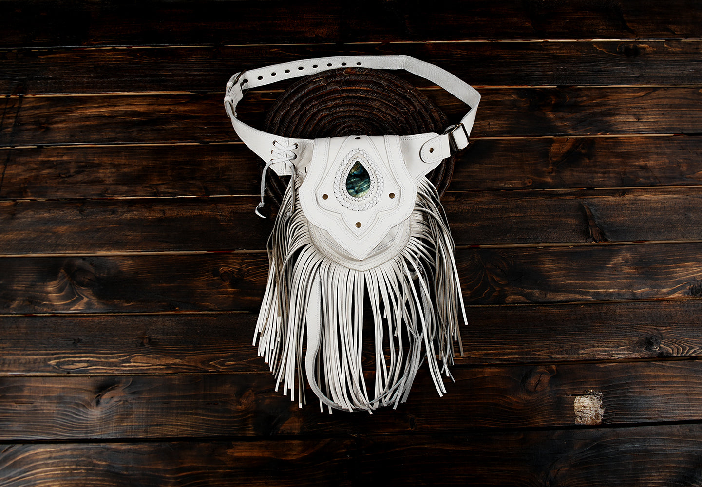 White leather fringe belt bag with labradorite gemstone centerpiece