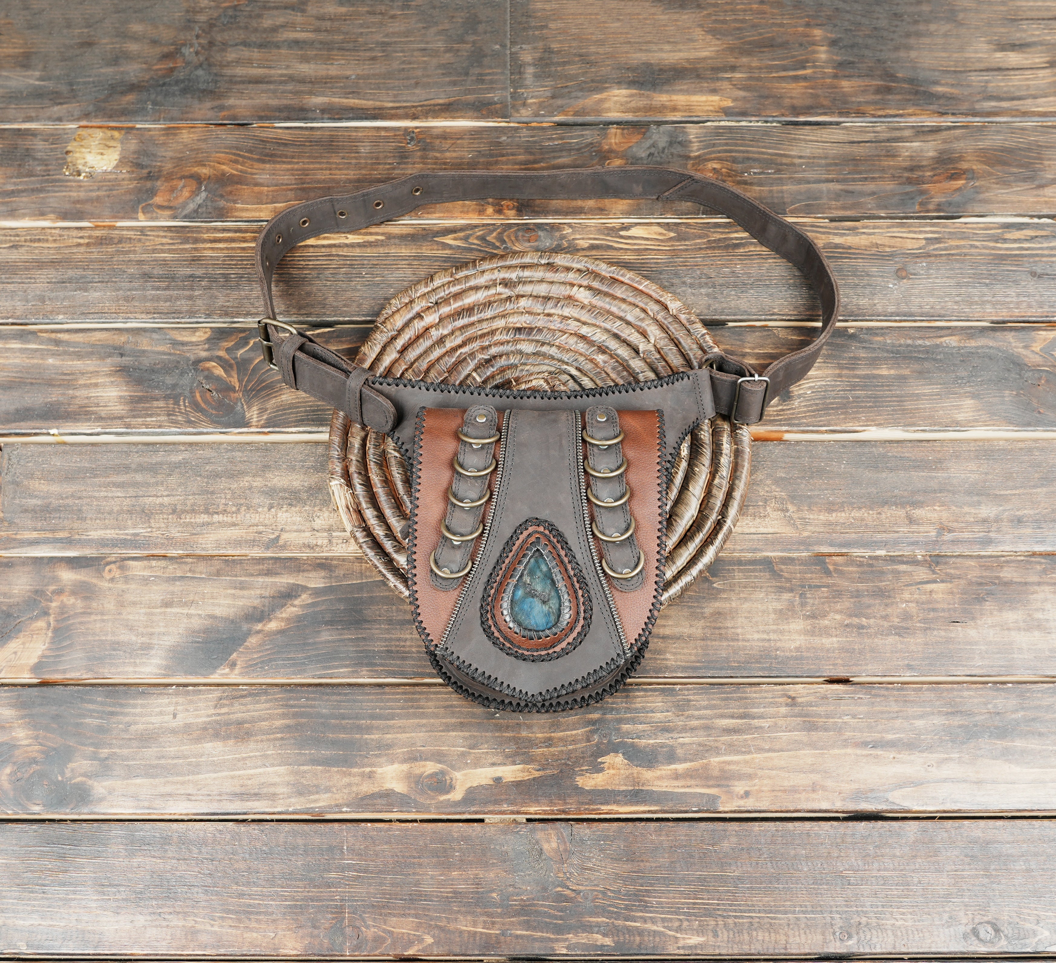 Handmade brown  leather waist belt pouch with gemstone accent