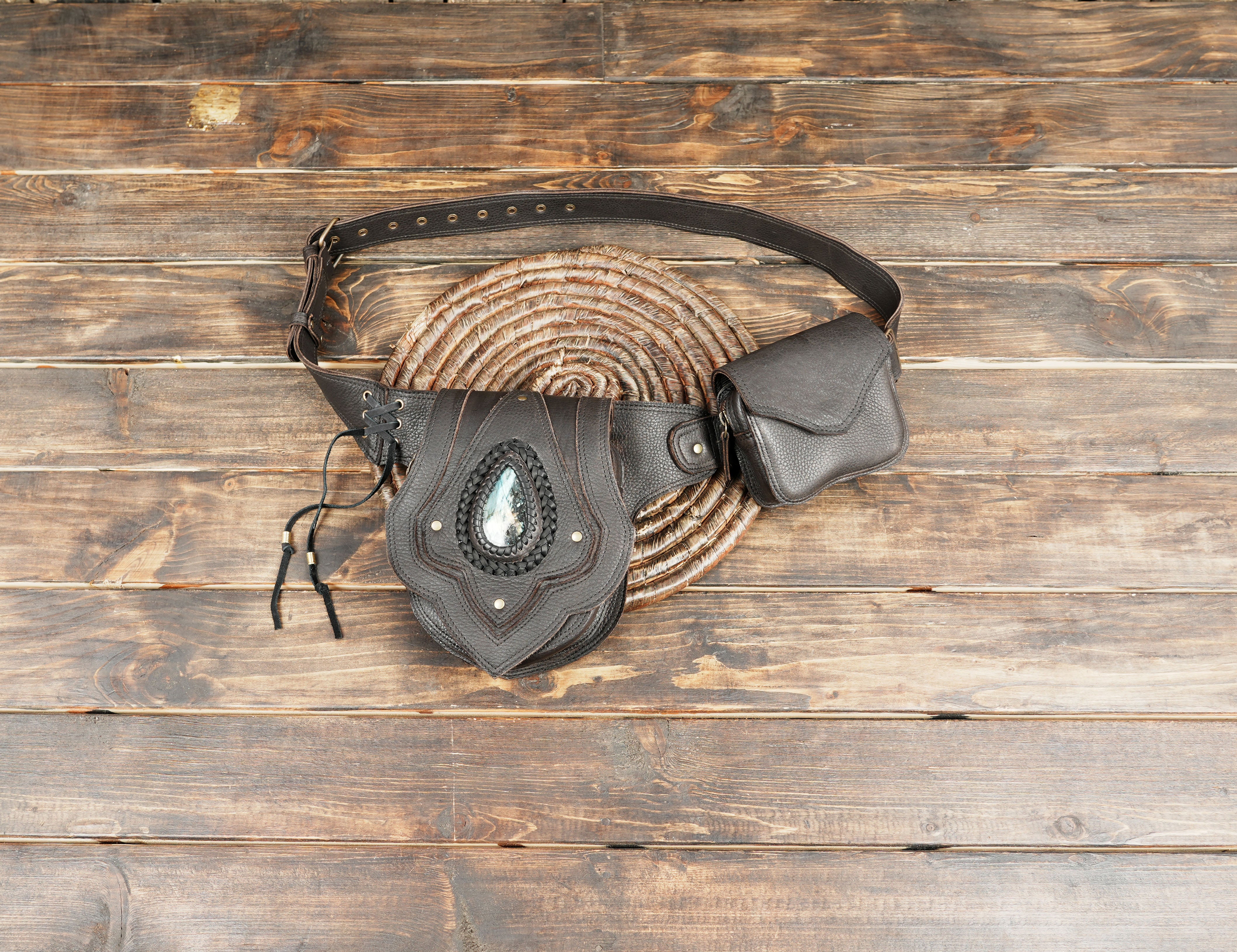 handmade leather holster belt bag with gemstone centerpiece and dual pockets