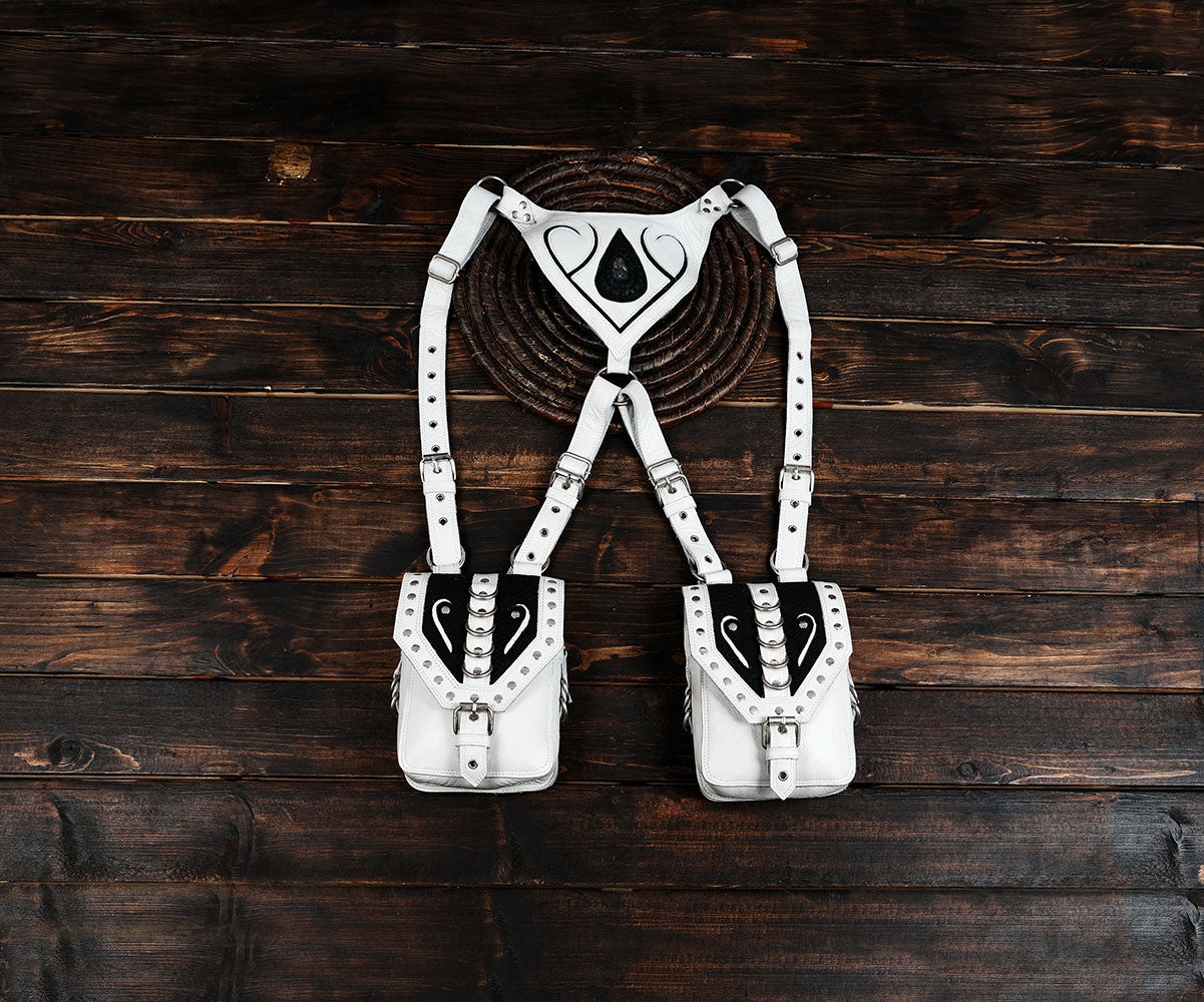 Handmade White Leather Holster Belt with Dual Pouches – Festival Utility Bag