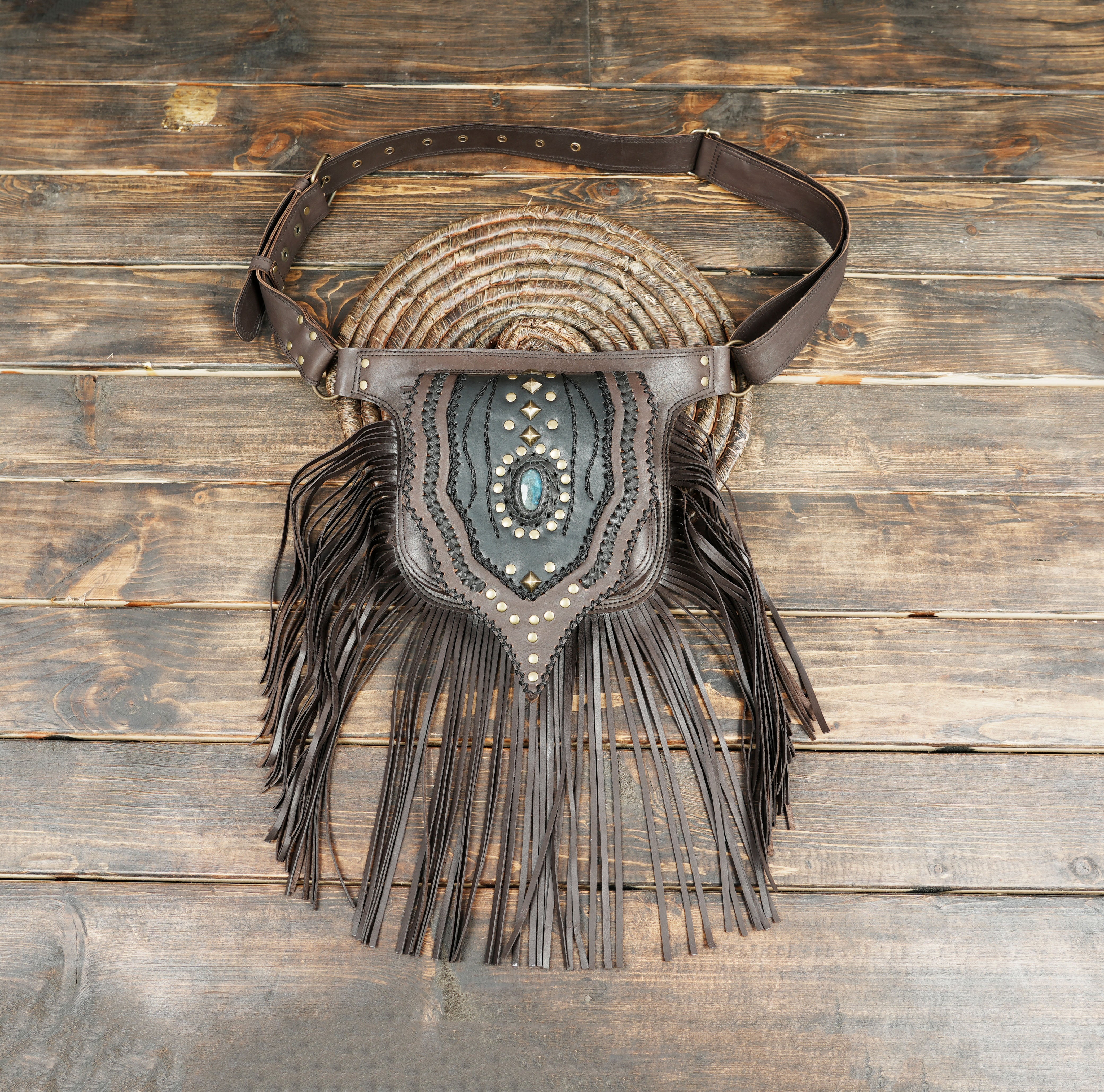 Handmade leather waist belt bag with long fringe design