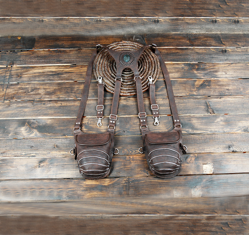 Black leather double pocket bag for concerts and festivals