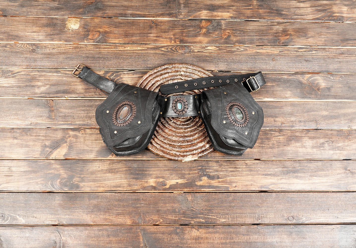Brown Tribal Leather Waist Belt with labradorite gemstone – Gothic Boho Hip Bag with Stone Accents  (LT-AB-WB-6080)