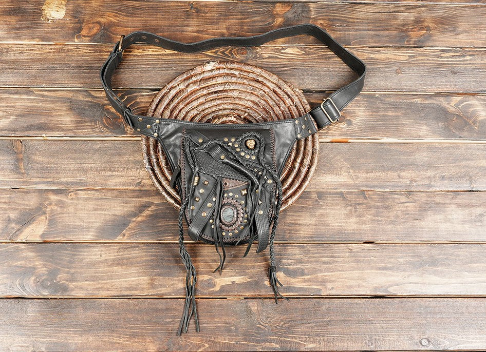 Handmade black leather waist belt bag with pouch and fringe