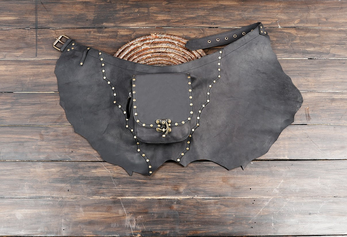 “Handmade Leather Skirt with Utility Pocket and Studded Design – Boho Festival Belt Skirt”