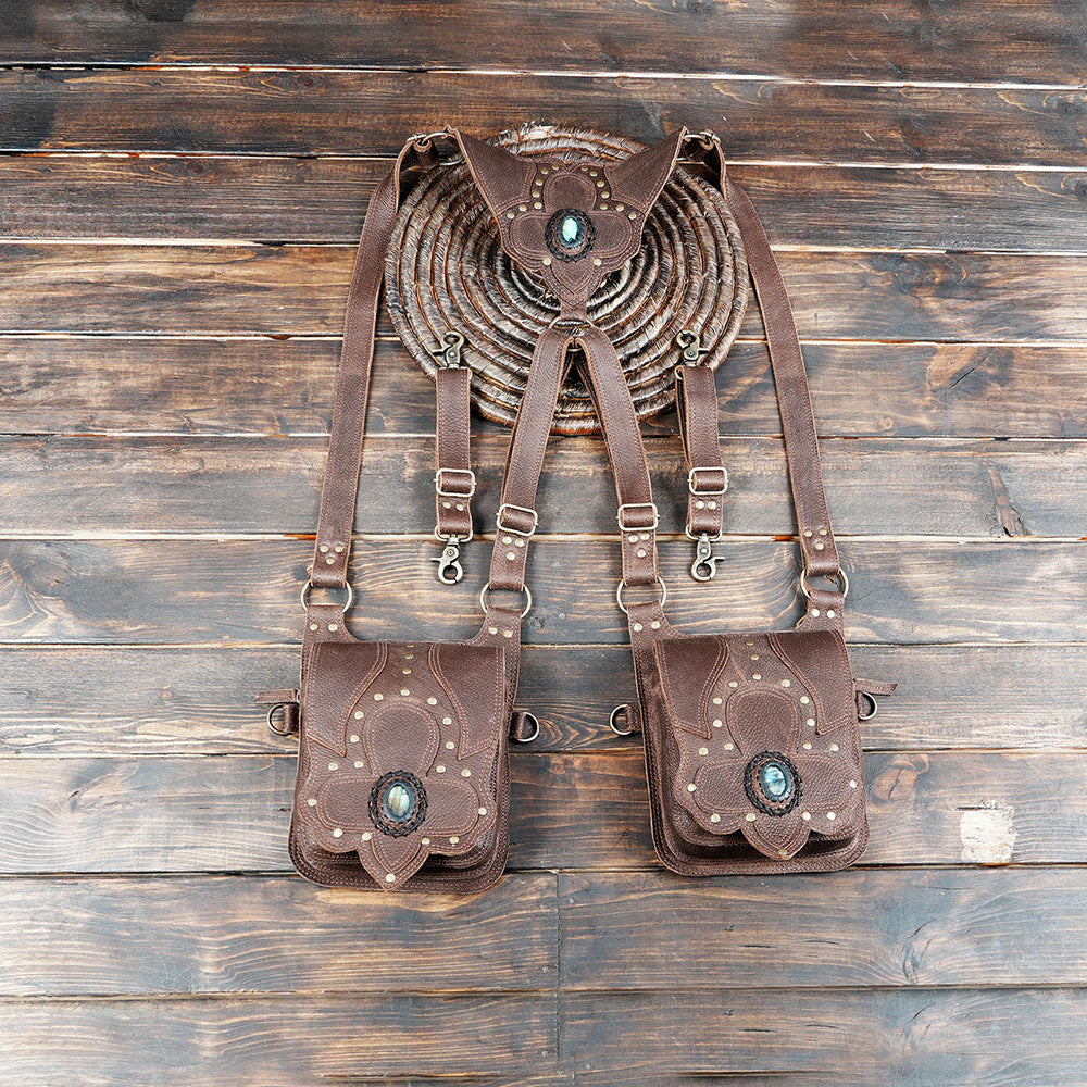 Handmade brown leather shoulder holster bag with gemstone centerpiece