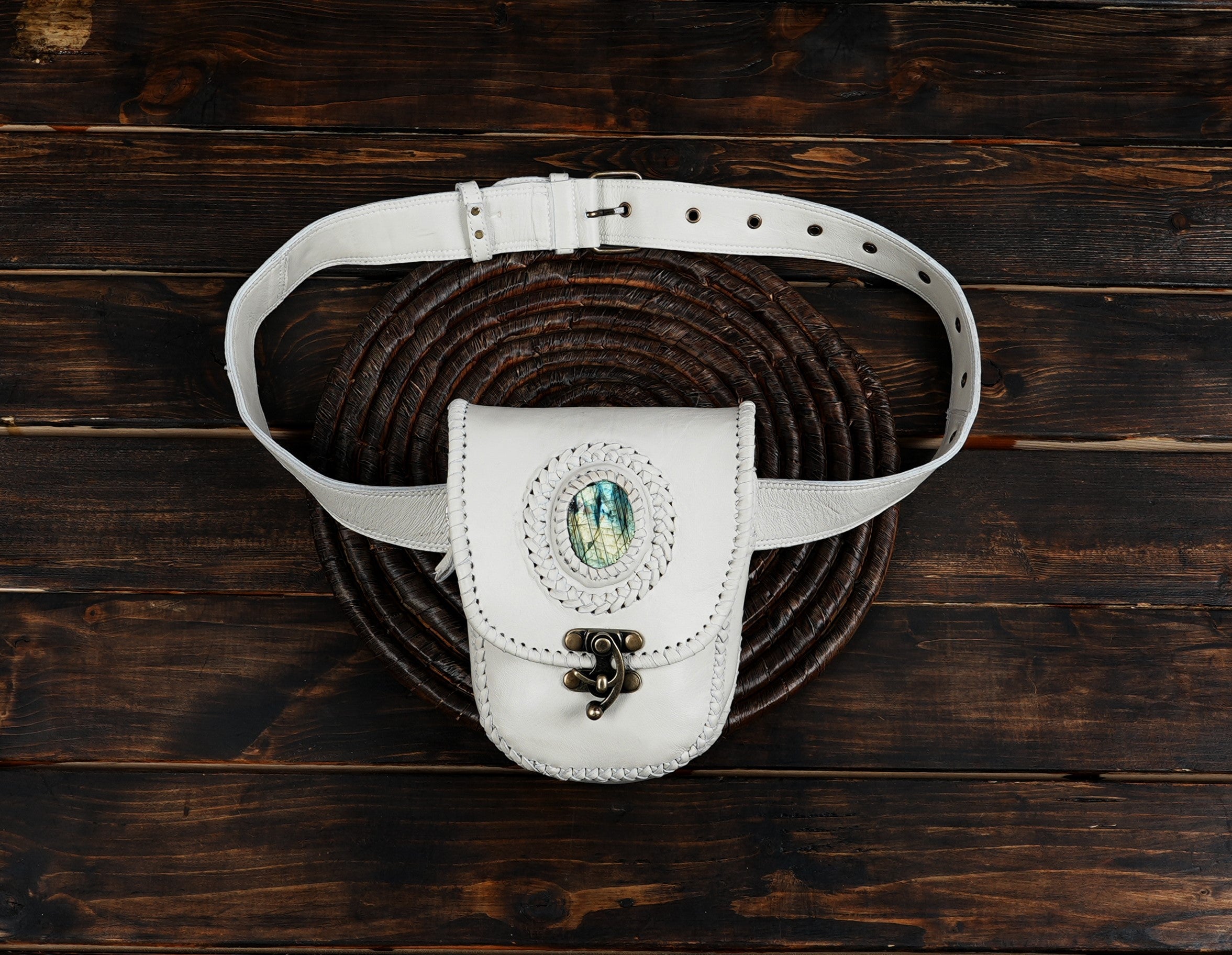 White leather waist bag with gemstone accent and vintage brass clasp
